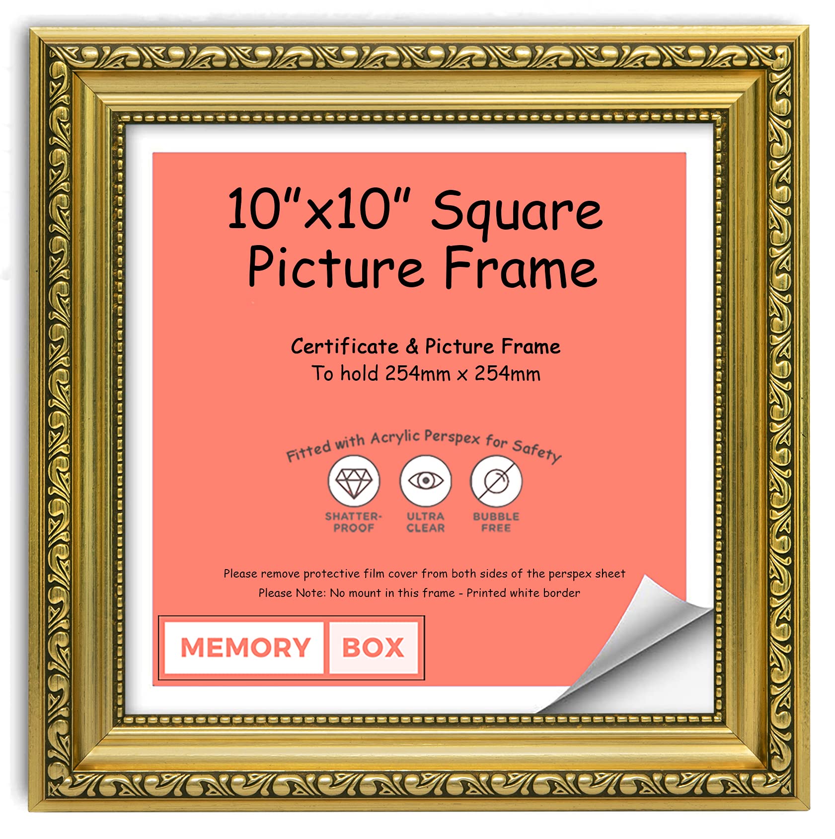 Memory Box Gold - Ornate Shabby Chic Picture/Photo/Poster frame with Real Glass - Moulding 33mm Wide and 27mm Deep - (25.4 x 25.4cm) 10" x 10"