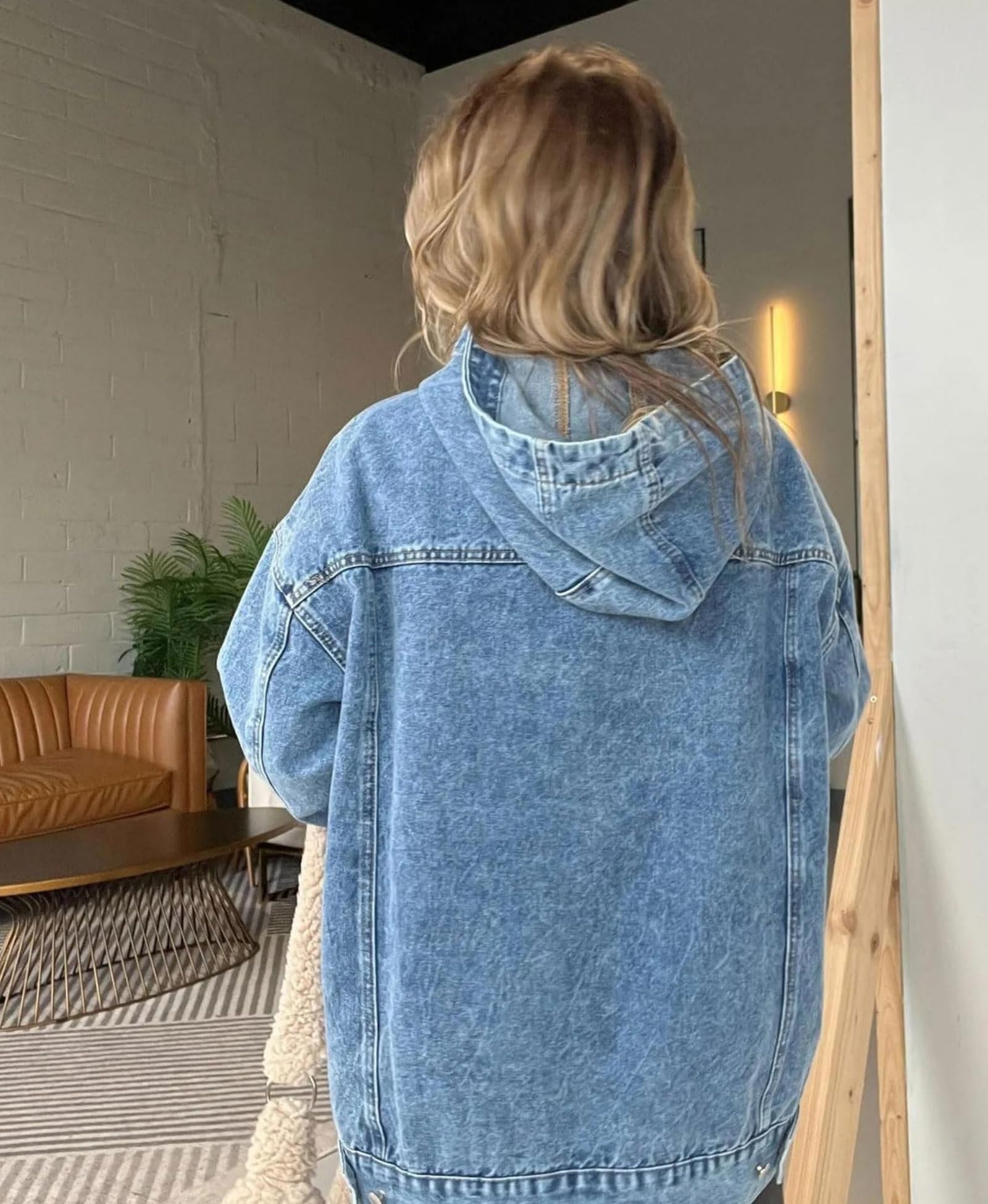 Dżinsowa bluza z kapturem z kieszeniami przednimi, damska dżinsowa bluza z kapturem, kurtka dżinsowa, damska bluza oversize z kapturem dżinsowa