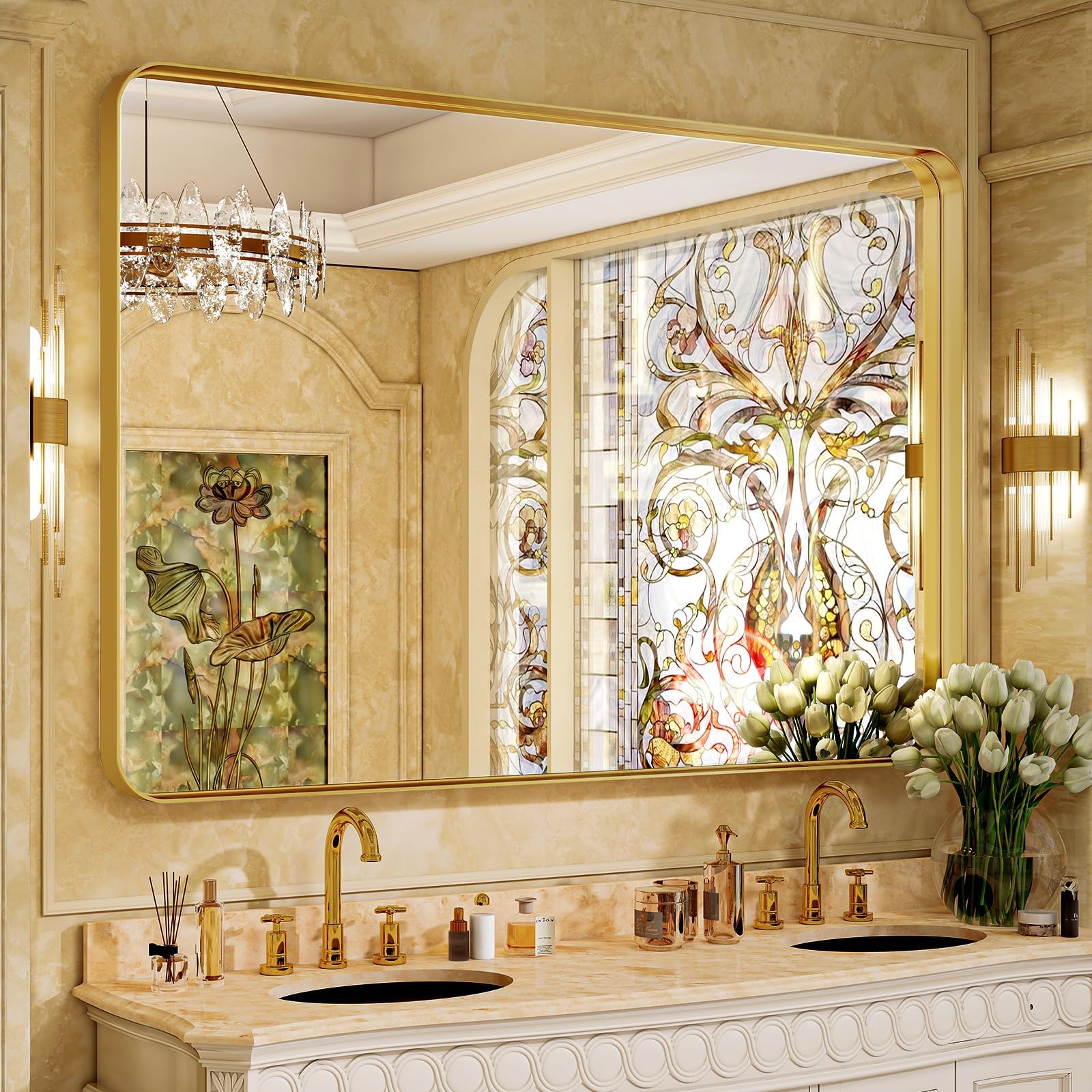 VooBang Bathroom Mirror 30x48 inch, Gold Gorgeous Deep Frame Wall Mirror, Modern Round Corner Bathroom Vanity Mirror for Bedroom, Living Room, Hanging or Leaning Horizontal or Vertical, Gold