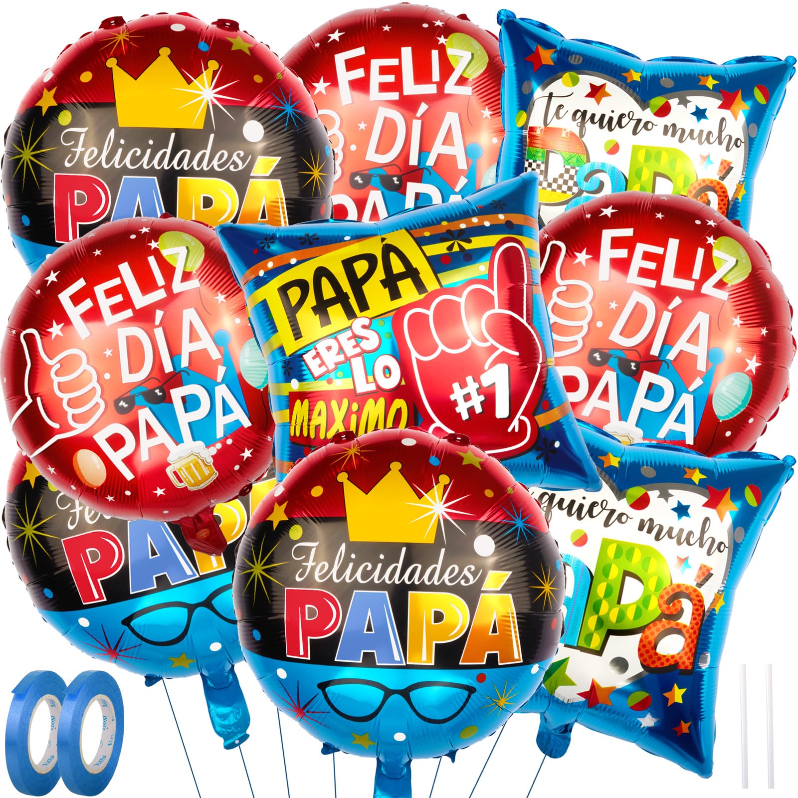 AxiyanX Happy Fathers Day Balloons 9Pcs 18" - Foil Self-Sealing Balloon Kit, Spanish & Custom Dad Decorations, Father's Day Party Arch, Banner &