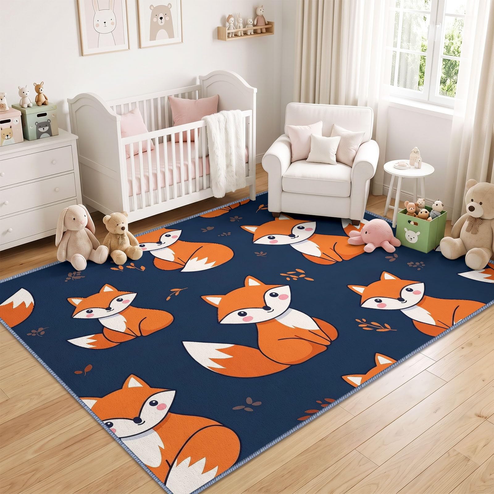 Scandinave Pastoral Tapis Salon 160 x 230 cm, Lavable Animal Renard Roux Feuilles Mortes Tapis à Faible Poil Chambre à Coucher Antidérapant pour Salle à Manger Chambre d'enfants Bureau à Domicile