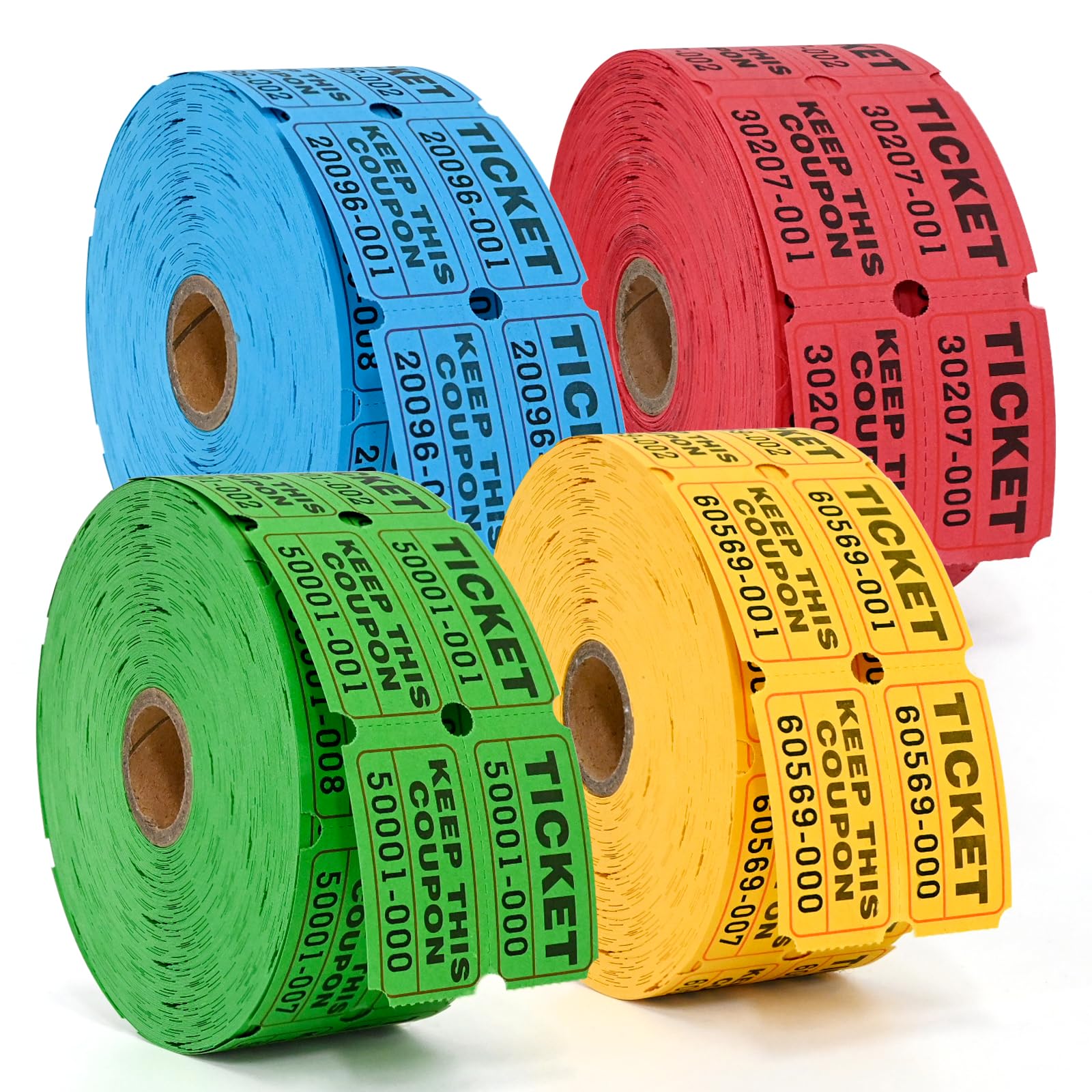 L LIKED 4000 Pairs Double Raffle Tickets - 4 Assorted Colors (Blue, Yellow, Red, Green), 1000 Tickets per Roll for Events, Fundraisers & Parties