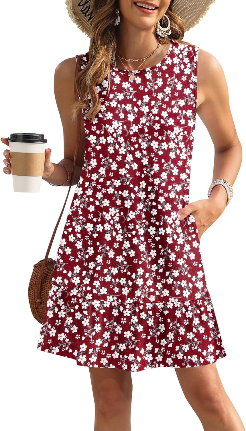 PLOKNRD Women's Summer Dresses Casual Sleeveless Ruffle Hem Tshirt Sundress Loose Beach Tank Dress Pockets 2025