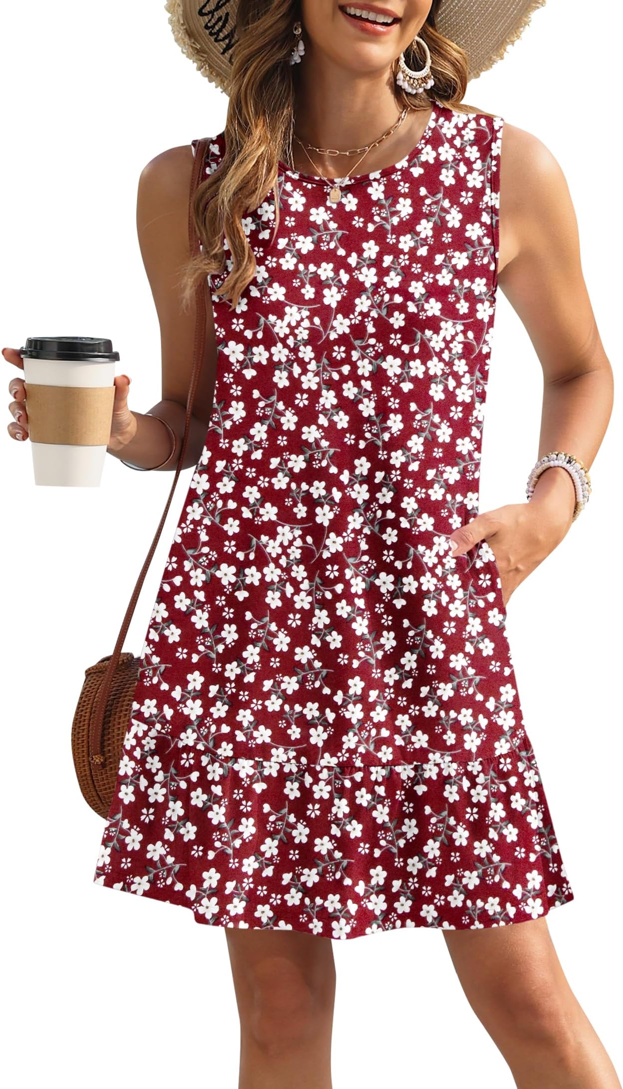 Women's Summer Dresses Casual Sleeveless Ruffle Hem Tshirt Sundress Loose Beach Tank Dress Pockets 2025