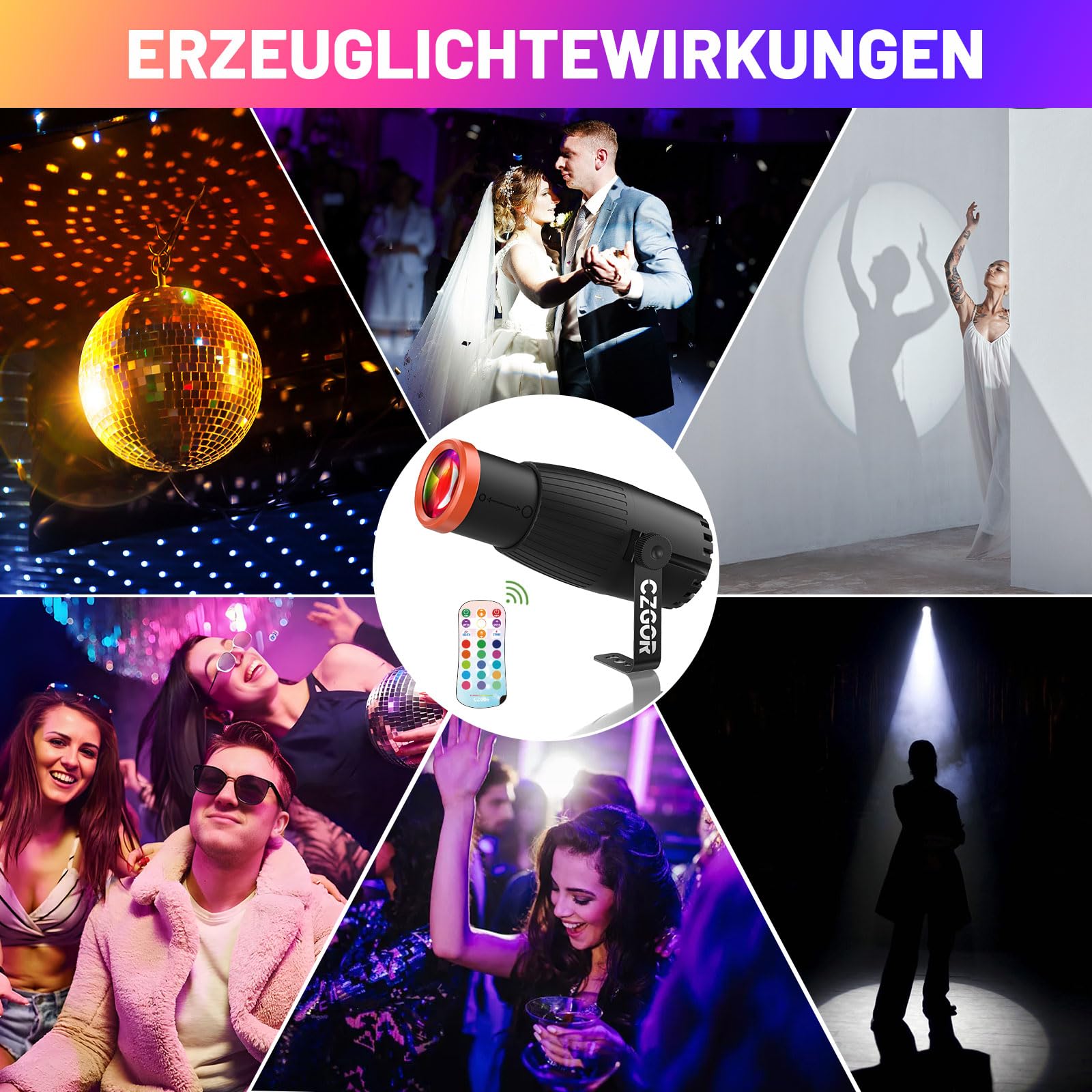 Pinspot LED Luce, Czgor 18W RGBW 4 in 1 Luci Spot con telecomando, Fuoco Manuale Palla Disco Spotlight, Super Luminoso con Colonna Guida Luce, Palcoscenico Illuminazione per Disco Party, 2 Pack