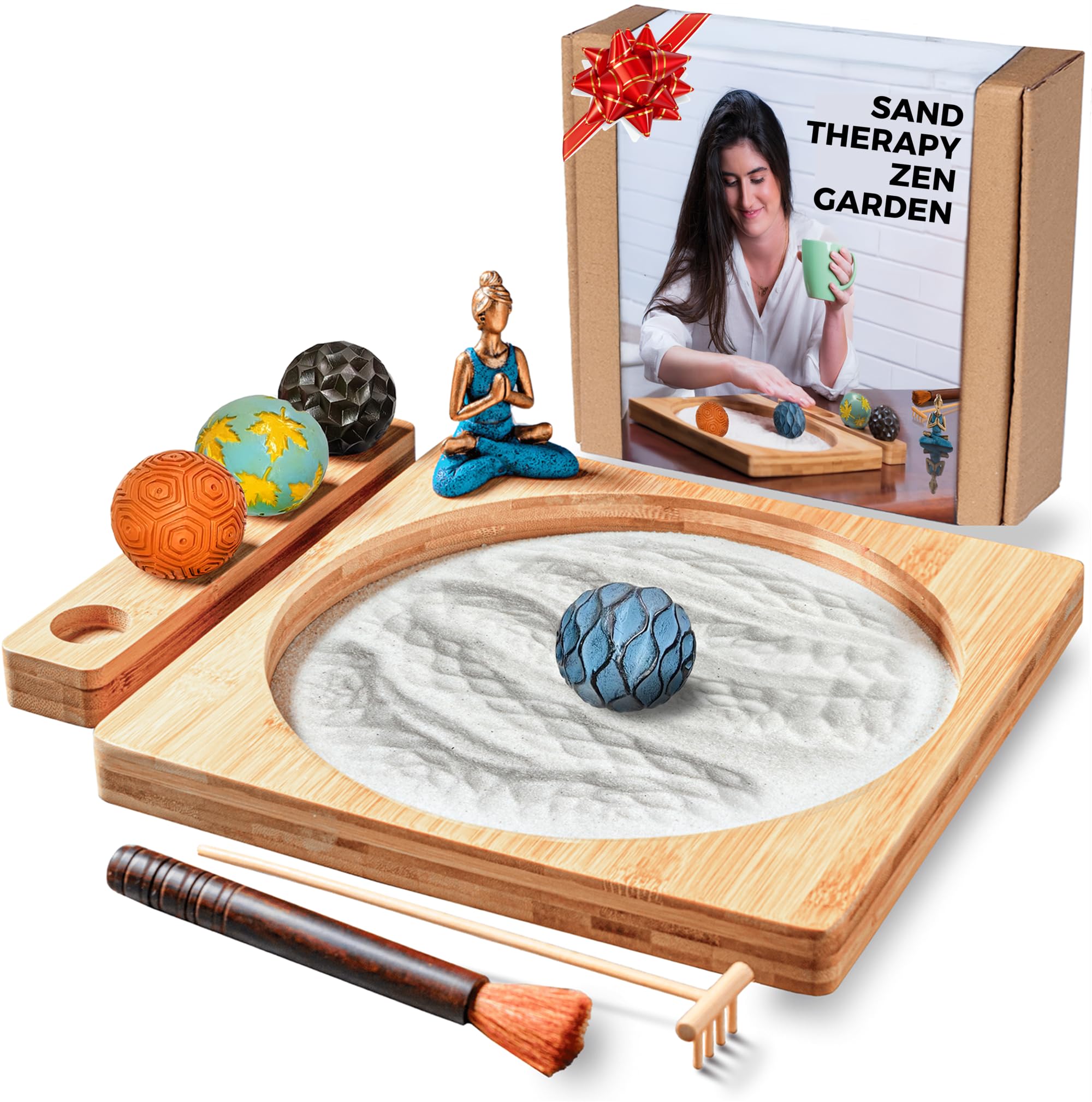 Zen Garden for Desk - 11" Bamboo Sand Tray Therapy Kit | Meditation Gift | Sensory-Based Wellness Tool for Mindfulness & Emotional Support | Zen Decor