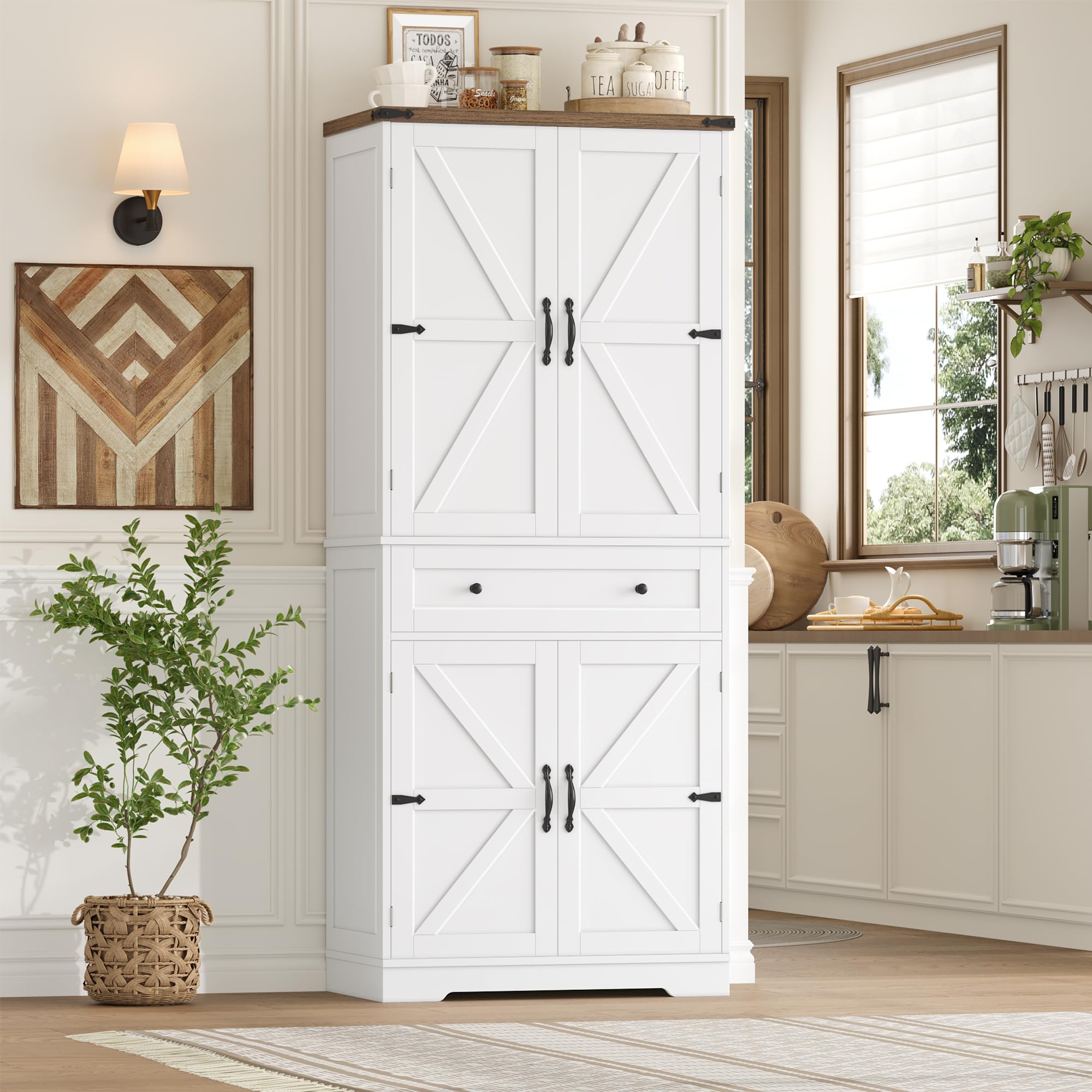 Credenza Cucina Alta, Mobile Dispensa Cucina, 4 Ante e 1 Cassetti