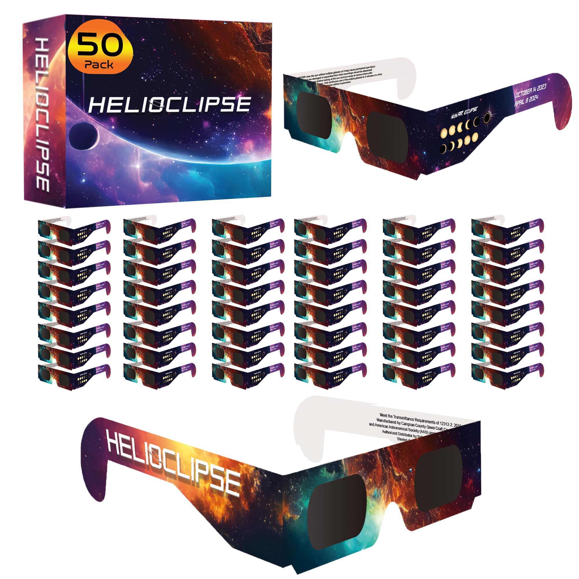 Helioclipse 50 Pack Solar Eclipse Glasses 2024 - Trusted for Direct Solar Eclipse Viewing - Iso 12312-2 & Ce Certified