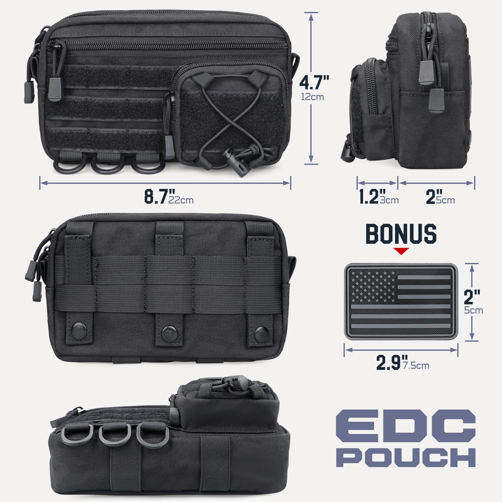 Molle Admin Pouch for Tactical Backpack, EDC Tool Pouch Organizer, Tactical Admin Pouch Molle, Belt Zipper Utility Waist Bag, Horizontal Phone Pouch with US Flag Patch