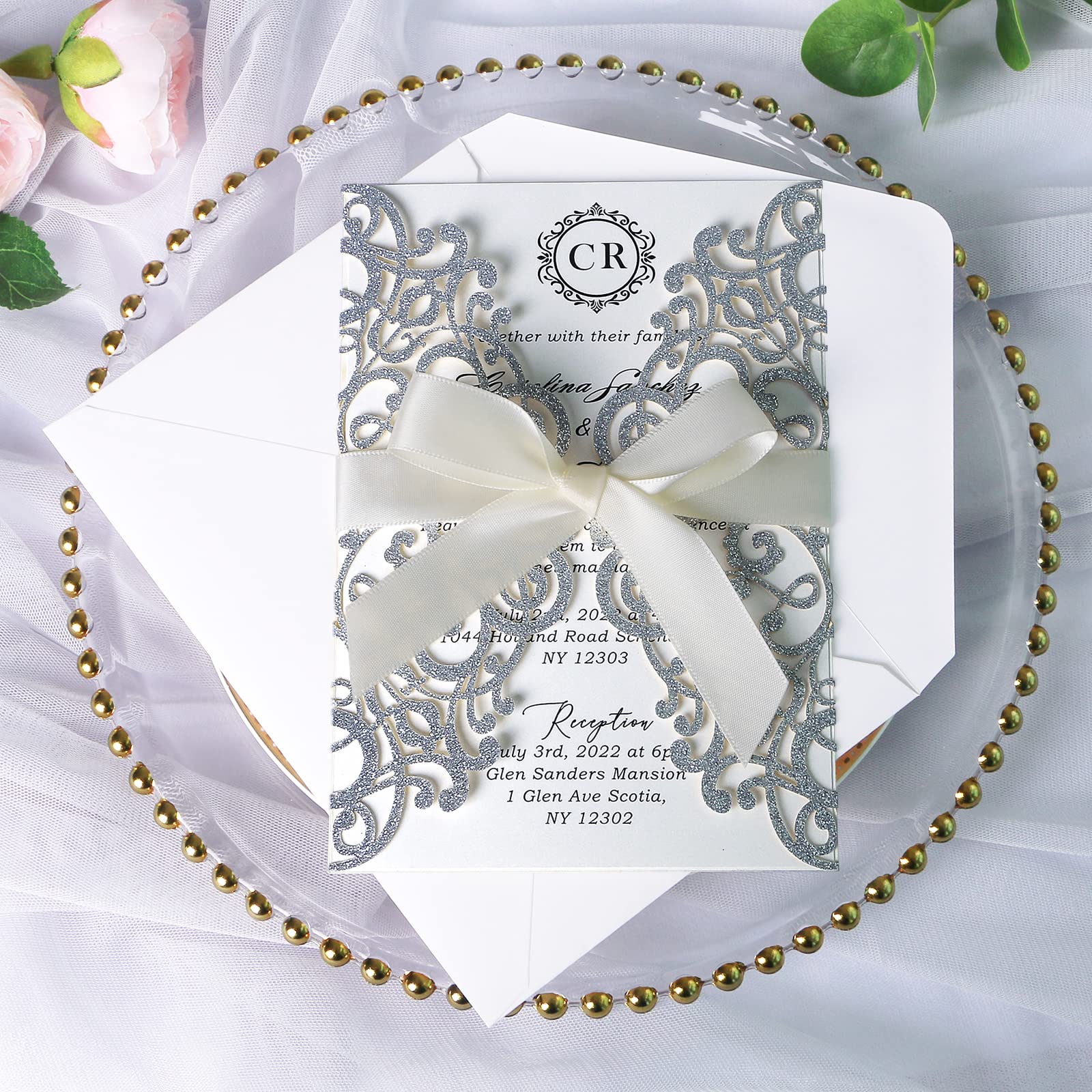 Ponatia 25PCS laser Cut Hollow rose con trapano invito di matrimonio fidanzamento doccia compleanno laurea biglietti d' invito Slivery Glitter