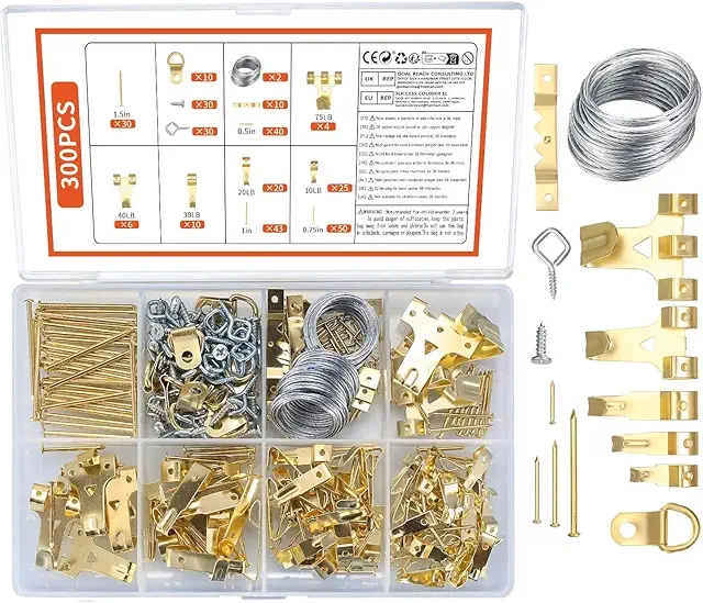 Heavy Duty Picture Hanging Kit - 300 Pcs Frame Nails, Hooks & Wire for Secure Wall Mounting