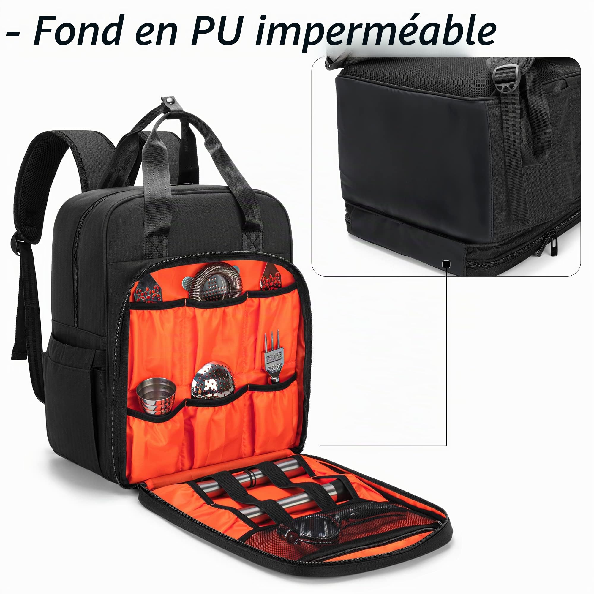 CURMIO Barman Sac Voyage Barman Trousse Sac à dos avec compartiments rembourrés, sac de transport portable pour ensemble d'outils de bar, maison à l'intérieur en plein air, sac seulement, Noir | Spécial pour Ensemble D'outils de Bar, Plusieurs Bandes & Co
