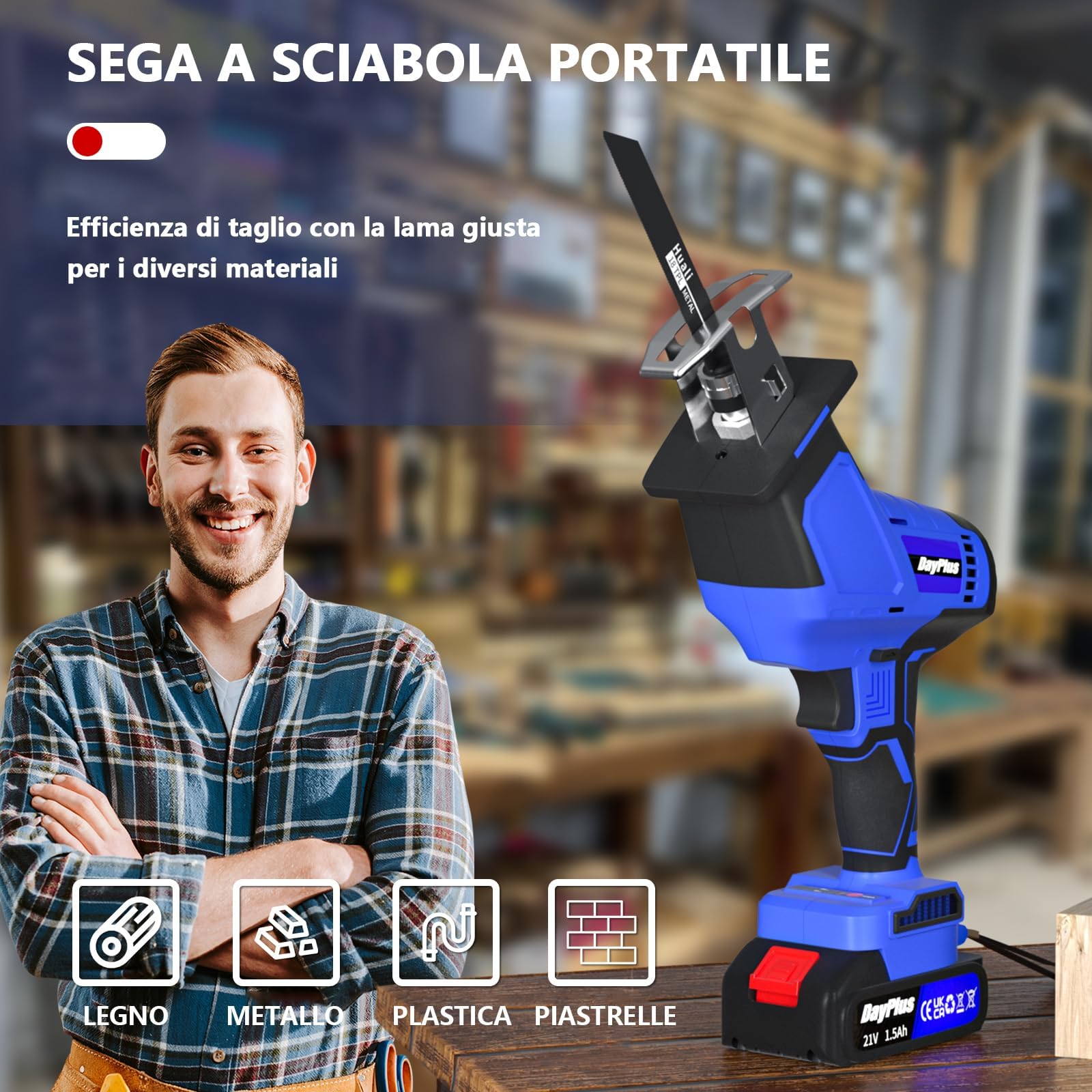 Sega a Gattuccio, 21V Sega alternativa a batteria,Velocità 0-2800SPM, 1500mAh Batterie, 4 Lame, Caricabatterie rapido, Luce LED, Seghetto A Batteria Adatto per Tagliare Legno e Metallo