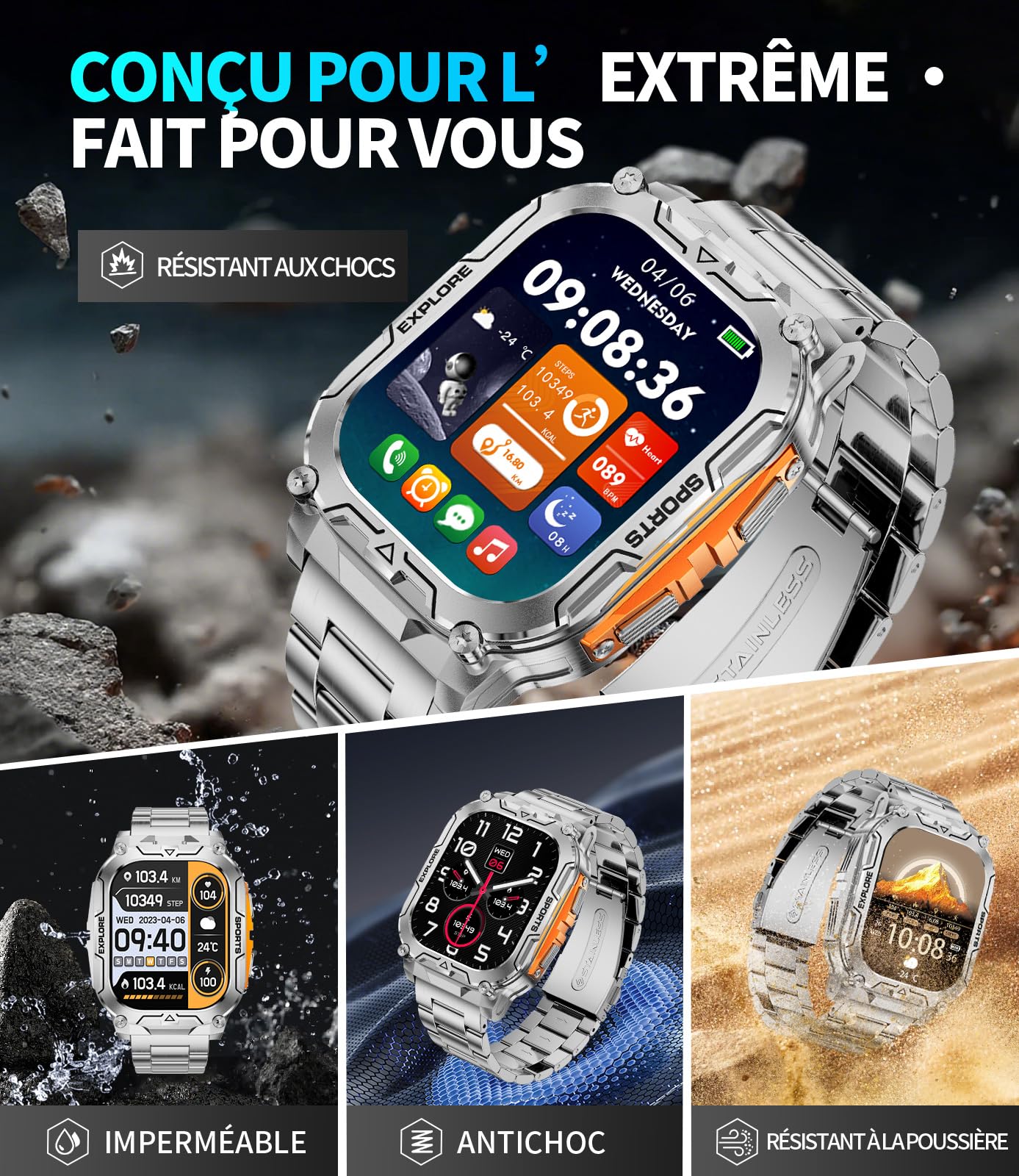 Montre Connectée Homme avec 1000 mAh, Smartwatch Homme LED Lampe 2.01'' Écran HD, Montre Intelligente Santé Cardiaque Sommeil Tension Artérielle 120+ Modes Sportifs