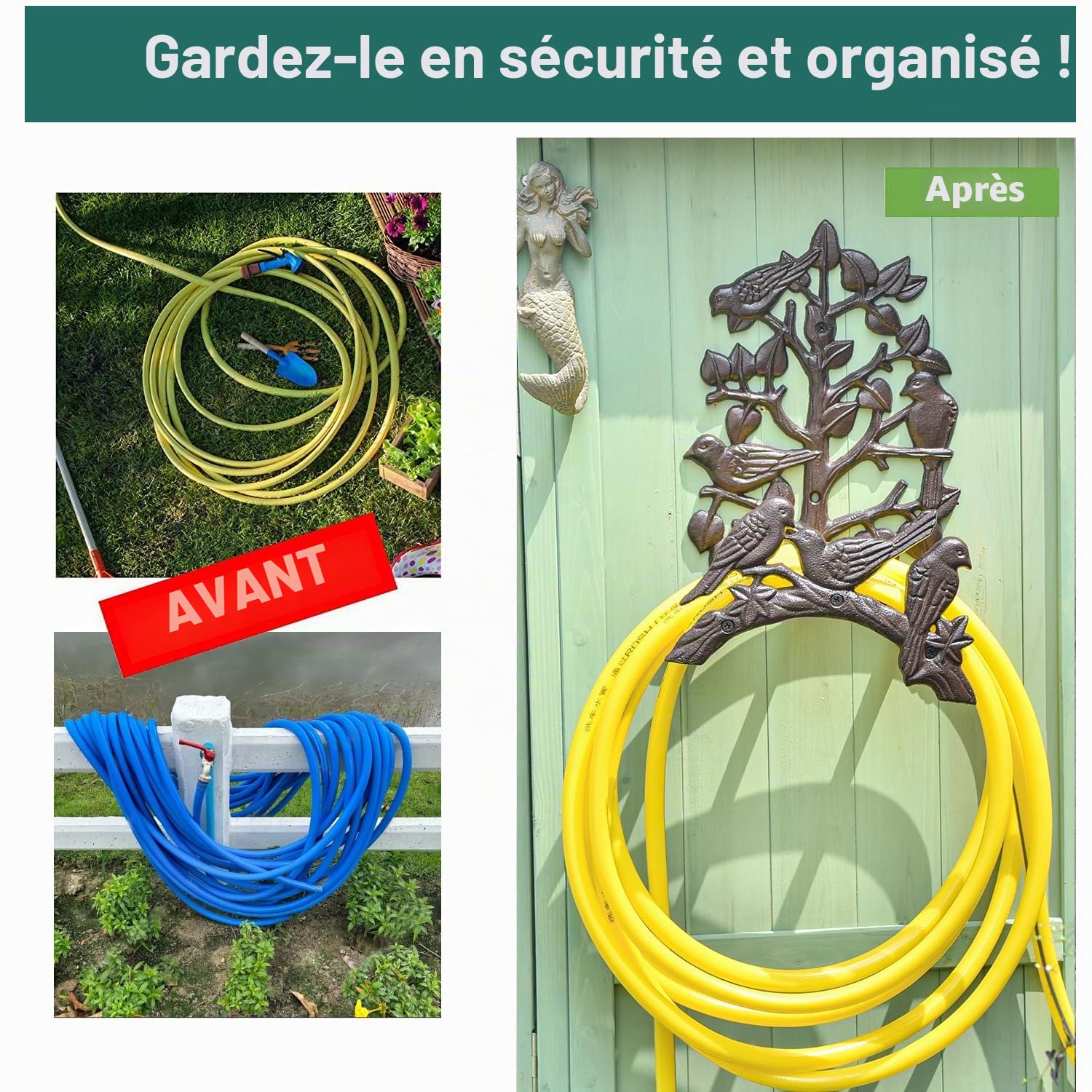 Sungmor Support de tuyau d'arrosage en fonte robuste | Support mural pour tuyau d'arrosage | Enrouleur décoratif d'intérieur et d'extérieur | 15,2 m, 23,5 m, 30,5 m | Support de tuyau en métal Lovely