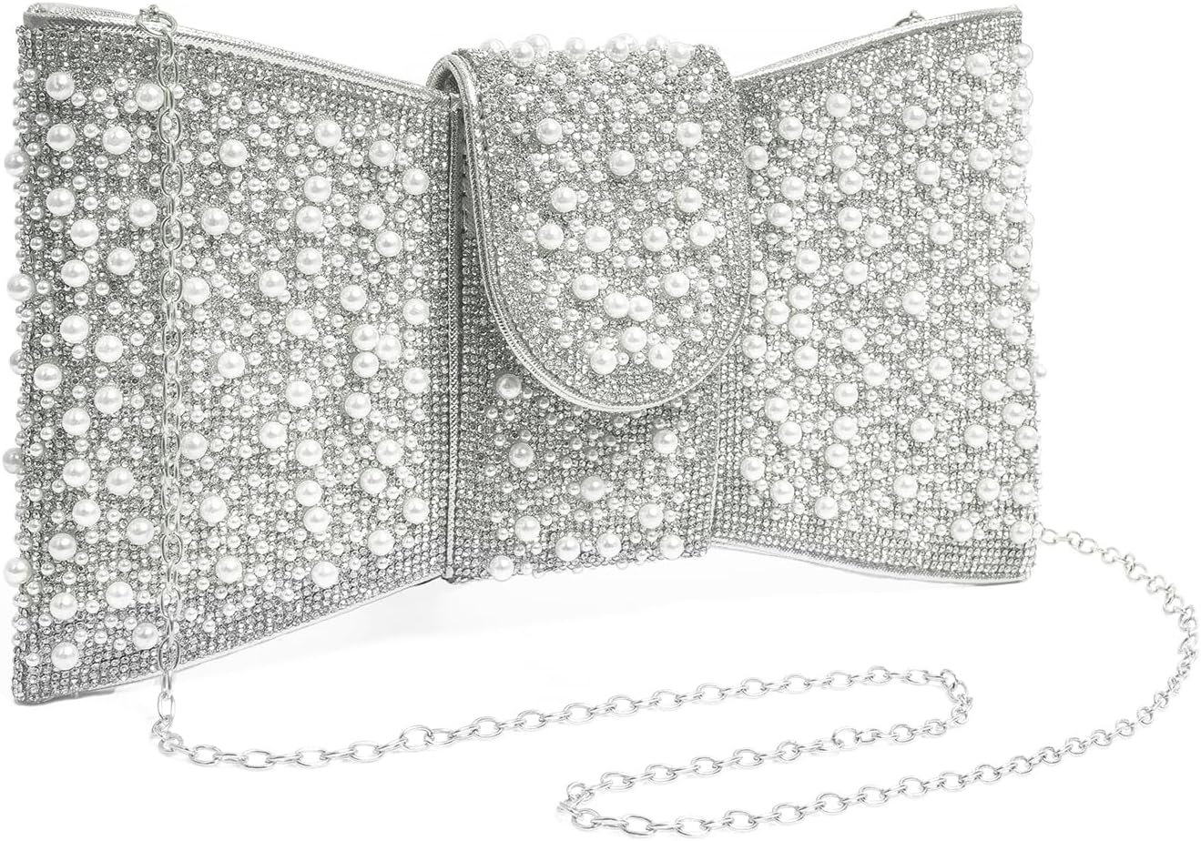CARIEDO Pearl Rhinestone Bow Flip Clutch for Women - Wedding Prom Cocktail