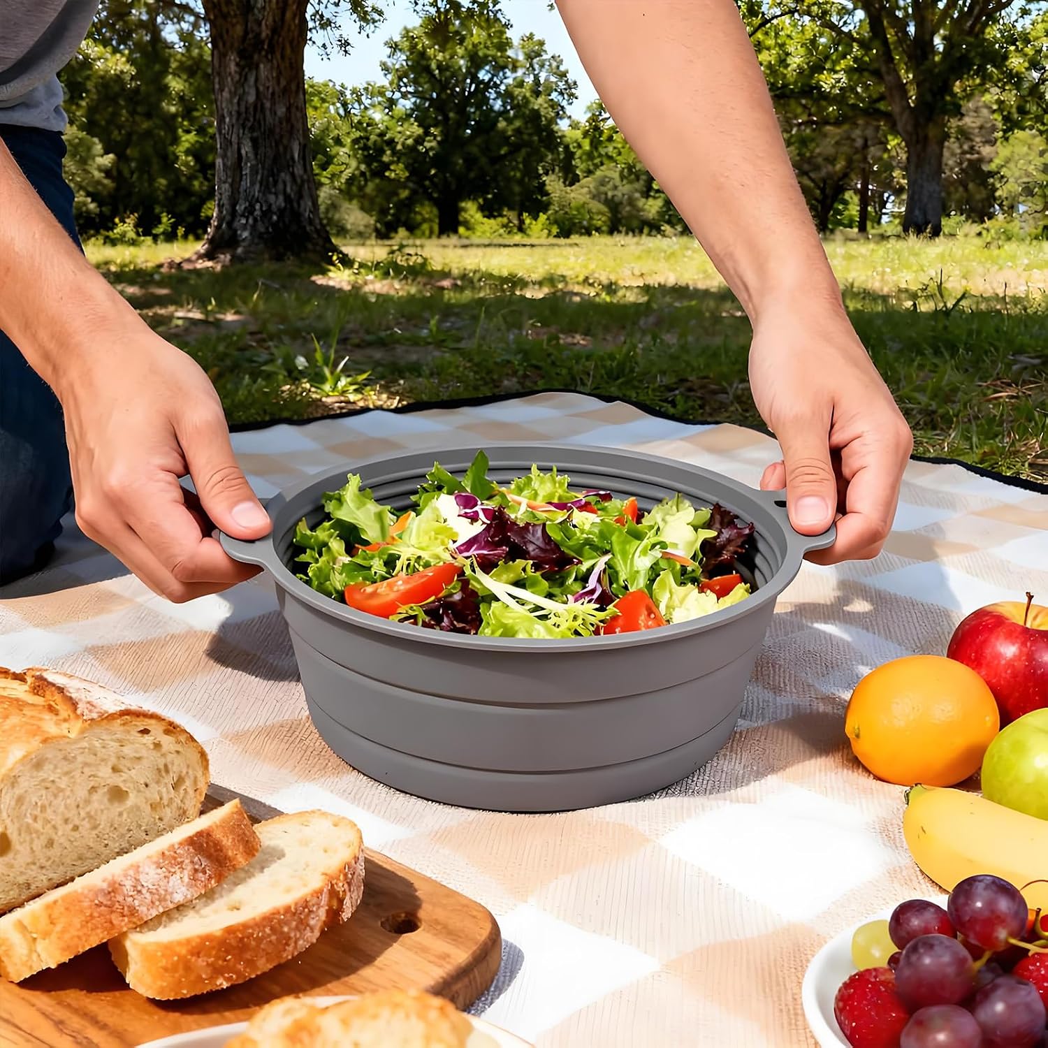 Collapsible Silicone Mixing Bowl, Food-Grade Foldable Travel Container, Large Collapsible Bowls for Camping Outdoor Hiking Storage Mixing, Grey (pot QY104)