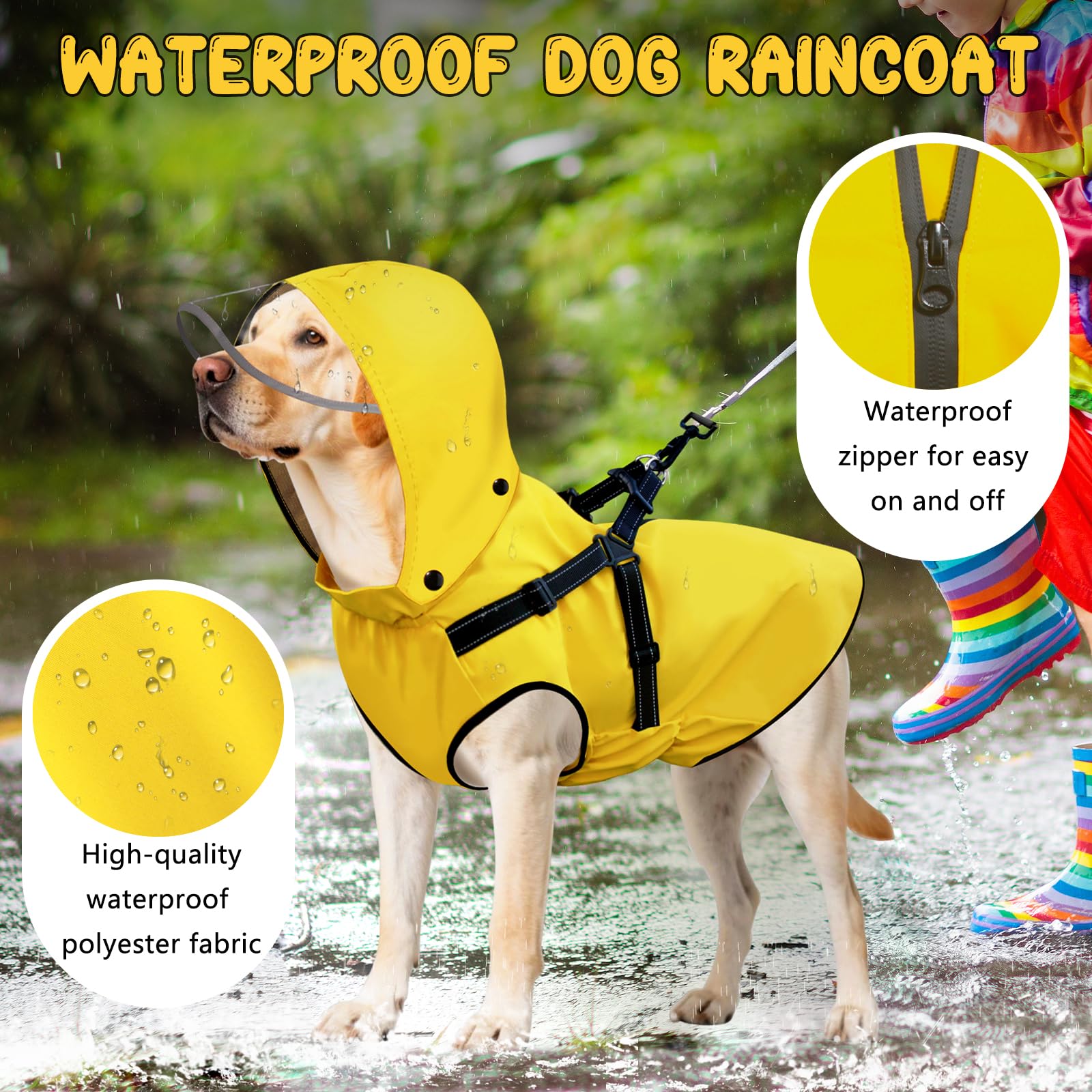 Chubasquero para perros, chubasquero con arnés reflectante y capucha transparente extraíble, chubasquero transpirable para perros, poncho, ligero, impermeable, ropa para pequeños, medianos y