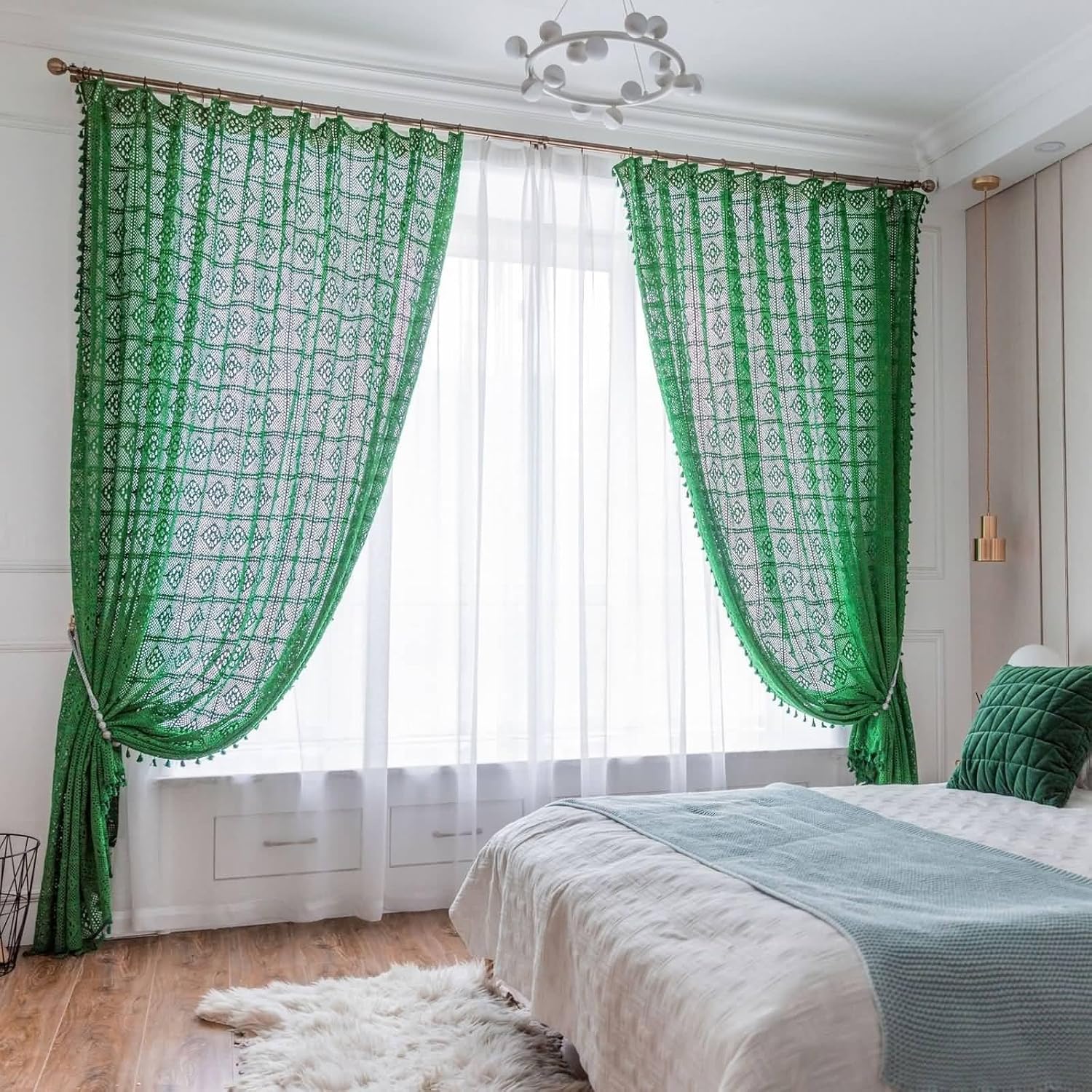 Curtains for Bedroom Sheer, Cotton Breathable Crochet Window Curtain with Tassel for Bedroom, Green, 79W x 94H inch