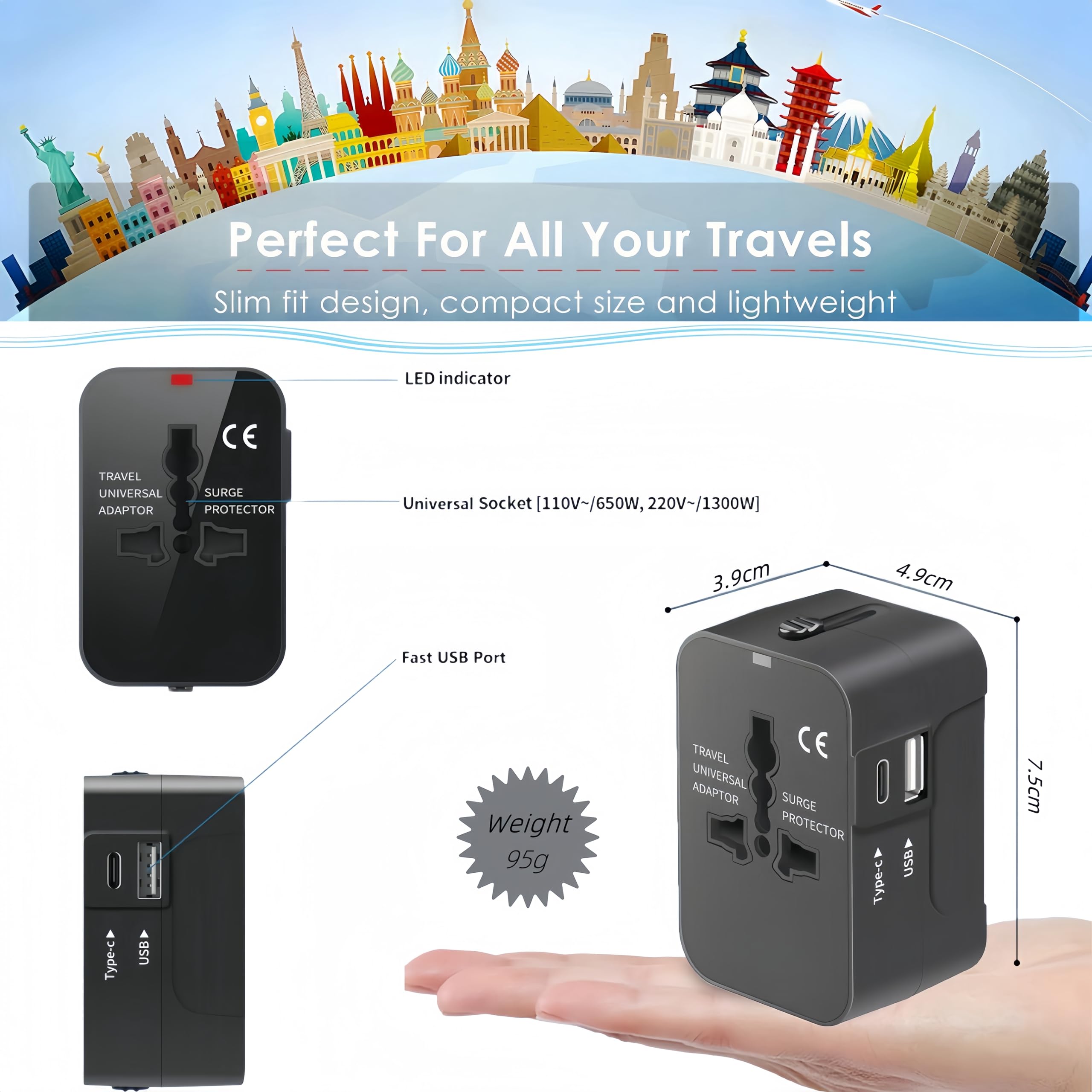 Adattatore Universale da Viaggio,Presa Universale da Viaggio con 1 USB A e 1 USB C,Adattatore da Viaggio Italia Inghilterra Germania America Australia e 150+ Paese