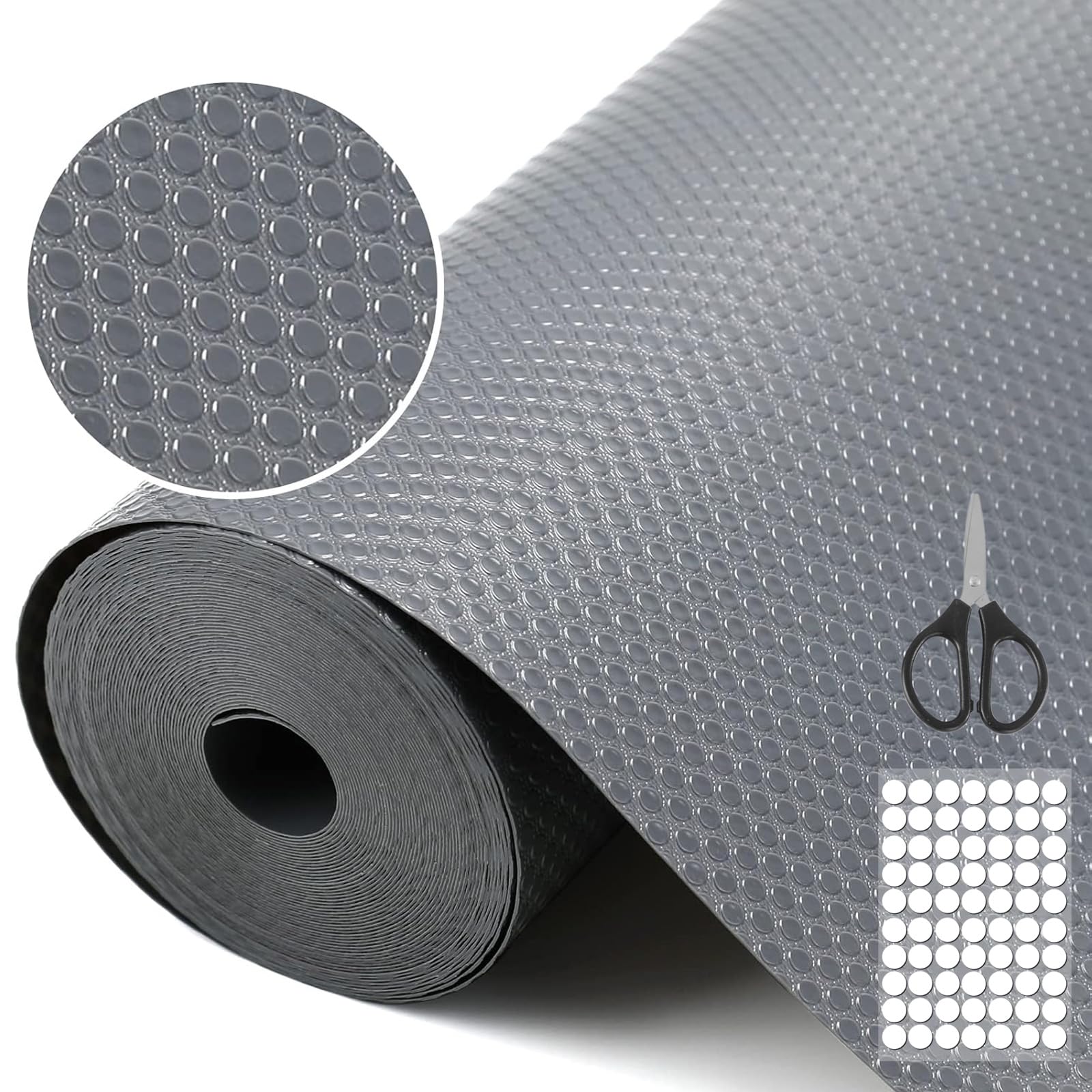 Schubladenmatte Nicht Klebend 30x500cm, Eva Antirutschmatte Schubladen mit 50 Stück Doppelseitige Klebepunkte DIY Zuschneidbar Matten Küchenmatten für Regale Schränke Schubladen Büro (Dunkelgrau)