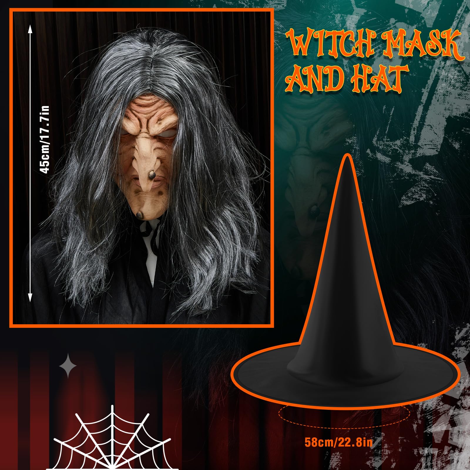 Suilung Halloween Cosplay Costume Include Scary Old Woman Witch Mask with Hair and Witch Hat Black Cape Human Realistic Scary Full Head Latex Mask Adults for Halloween Cosplay Props Party Costume - Image 3