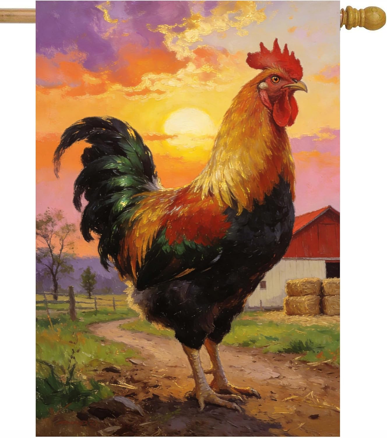 Agriculture Rooster Harvest Sunrise Farm Scenery House Flag 28" x 40" Double Sided Polyester Welcome Yard Garden Flag Banners for Patio Lawn Outdoor Home Decor