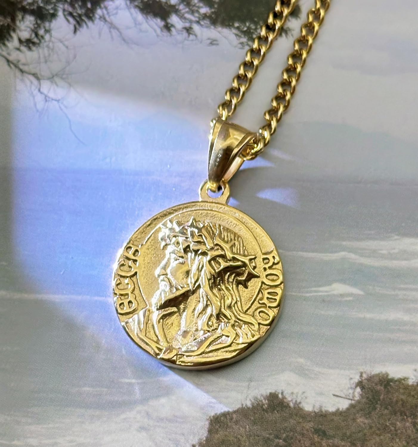 18K Gold Plated Jesus Coin Necklace, Christian Prayer Pendant for Men Women, Religious Necklace - Image 5