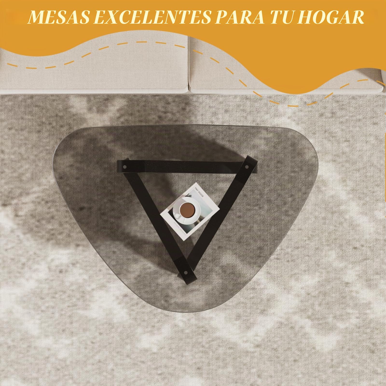 Mesa de centro de cristal triangular, mesa de centro moderna con base triangular de madera maciza y vidrio templado grueso, mesa auxiliar, mesa de café elegante para sala de estar oficina, 82 x 57 x