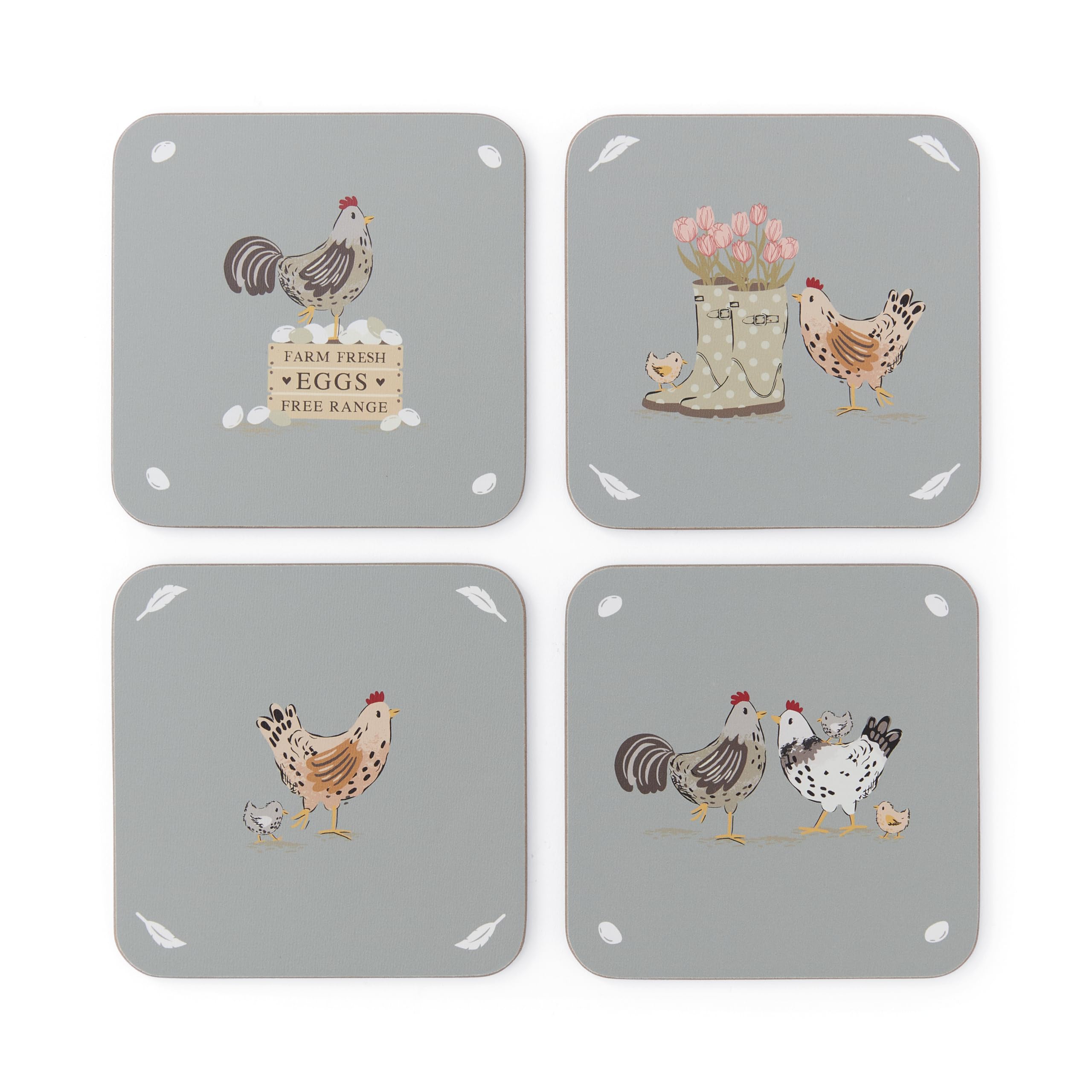 Cooksmart Hen House Lane Set of 4 Cork Coasters | British Designed Farmhouse Drinks Mats | Heat-Resistant & Durable | Rustic Kitchen & Dining Table Protection | Easy to Clean