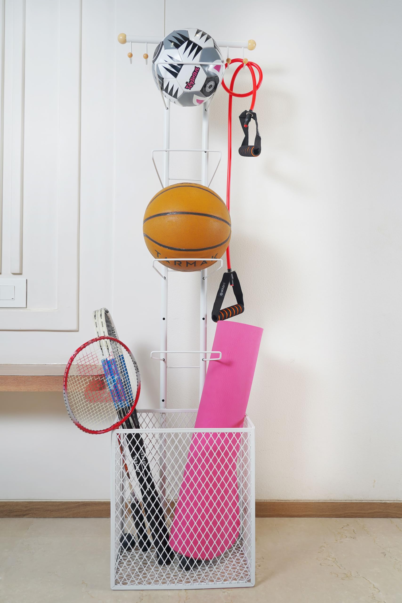 ARHAT ORGANIZERS Sports Ball Stand|Portable Multiple Stand For Football Basketball Volleyball, Tennis Rackets, Cricket Bat|Freestanding Garge Sports & Equipment Organizer-(4-Tier W/Basket) (White) (B0DBHW4G9D) Amazon Price History, Amazon Price Tracker