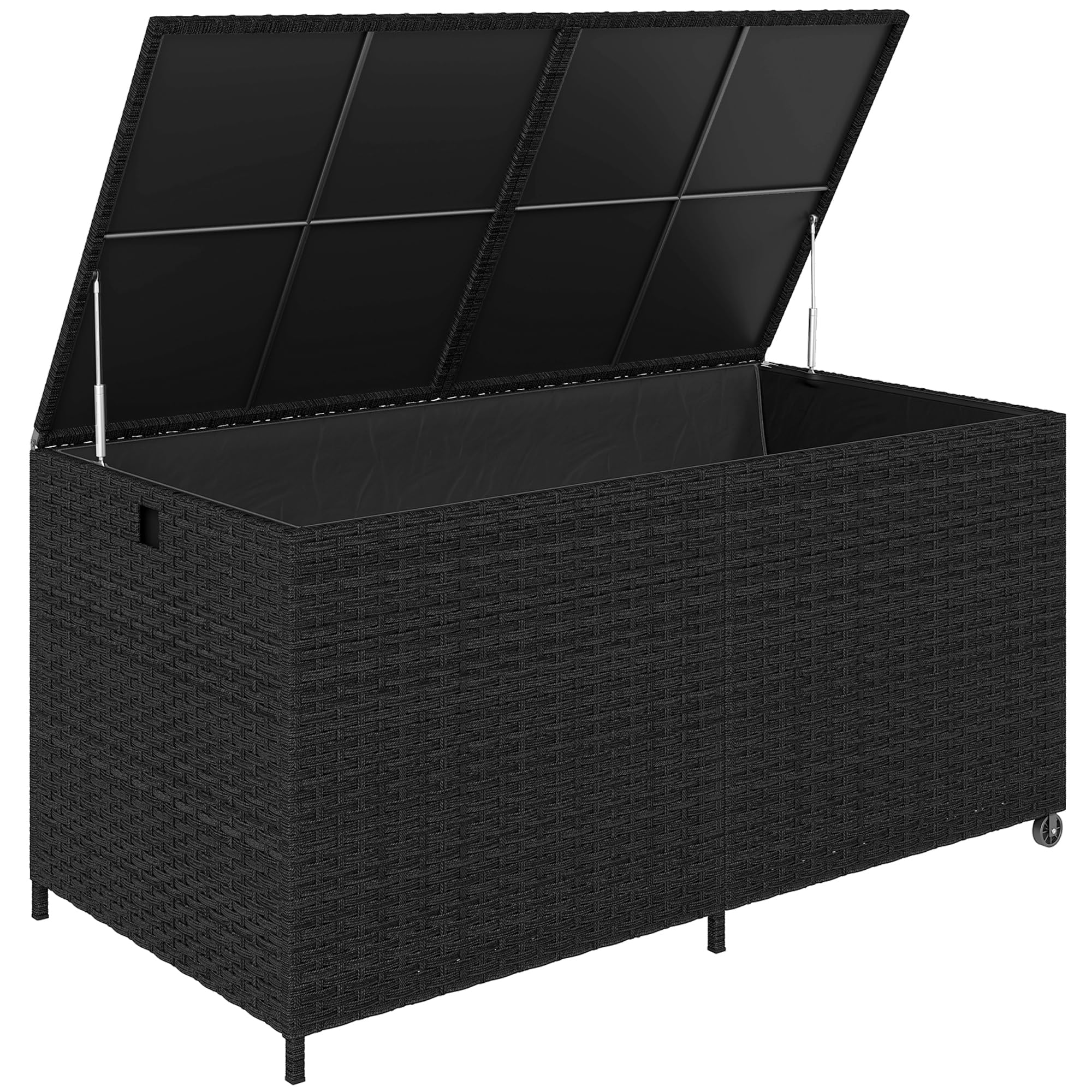 Outsunny 650L Extra Large Garden Storage Box with 2 Wheels, Rattan Deck Box with Waterproof Zipped Liner, Safe Pneumatic Rods, Patio Rattan Storage Container for Backyard Gardening Tools, Mixed Grey — view 11