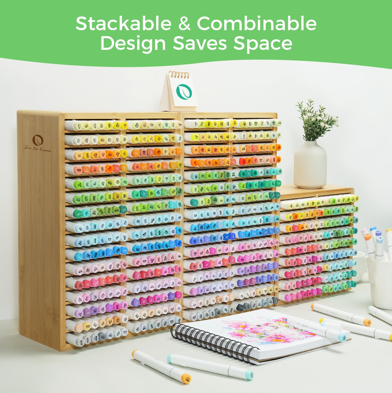 Ohuhu Bambus Stifte Organizer, Holz Desktop Aufbewahrung für 224 Markerstifte Stifte Bleistifte Kunstpinsel stationärer Organizer, Bleistifthalter mit 32 Fächern