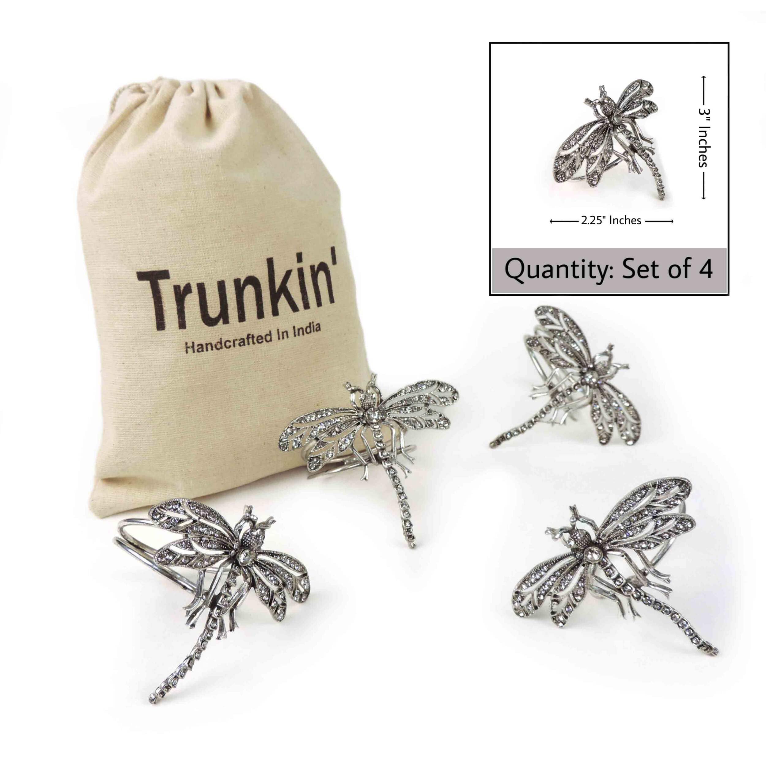 Set of 4 Jeweled Napkin Rings, Dragonfly Napkin Holders, Luxe Tabletop, Family | Wedding Thanksgiving Dining Table Décor - Silver