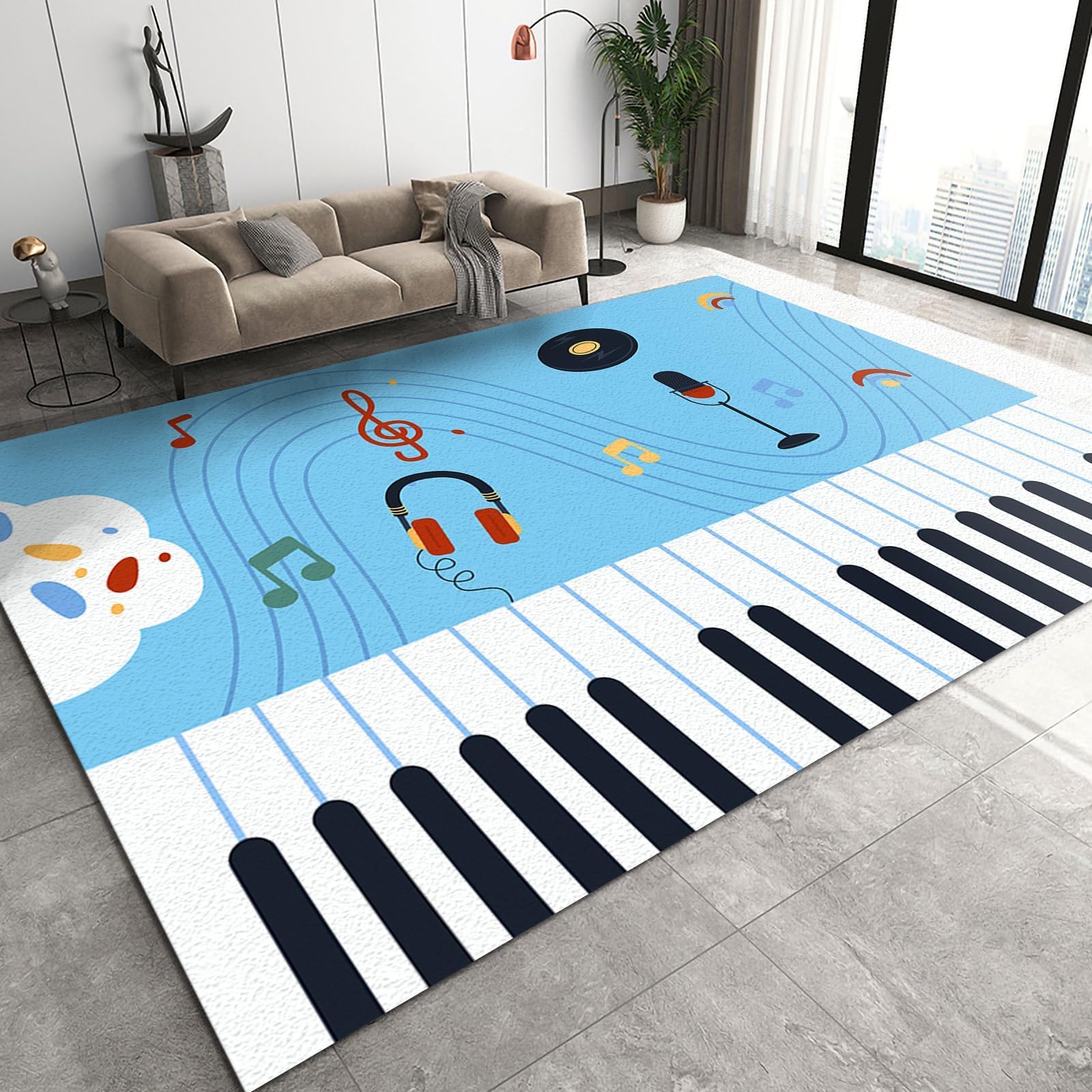 Alfombra azul con notas de dibujos animados, suave, diseño de partituras de piano, alfombra grande para dormitorio, cocina, sala de estar, 80 x 150 cm