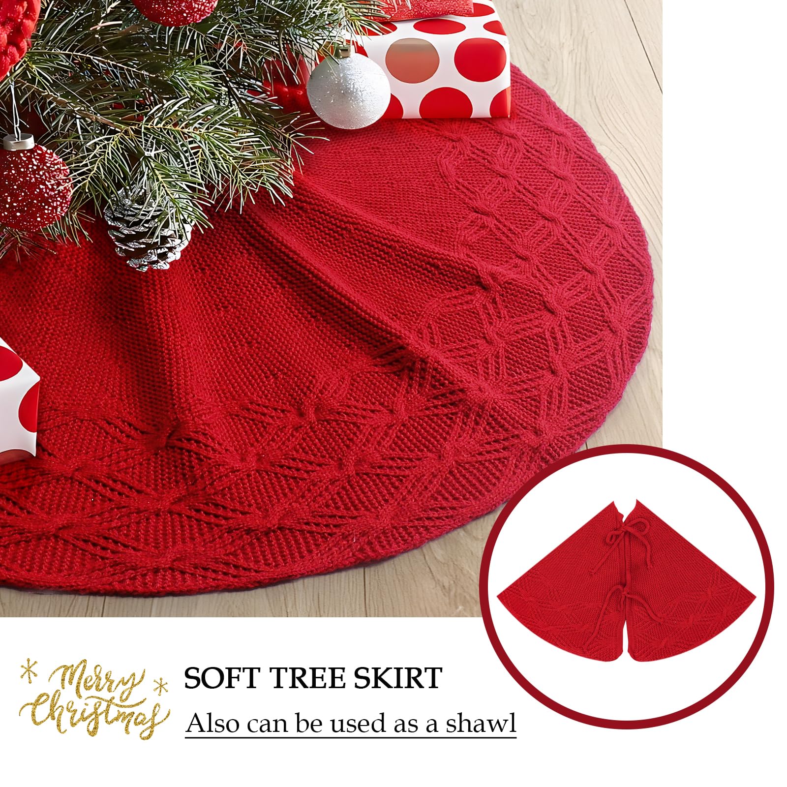 GMOEGEFT 32 Inches Knitted Christmas Tree Skirt, Vintage Knit Xmas Tree Skirt, Rustic Christmas Home Decorations, Red Xmas Tree Holiday Decorations