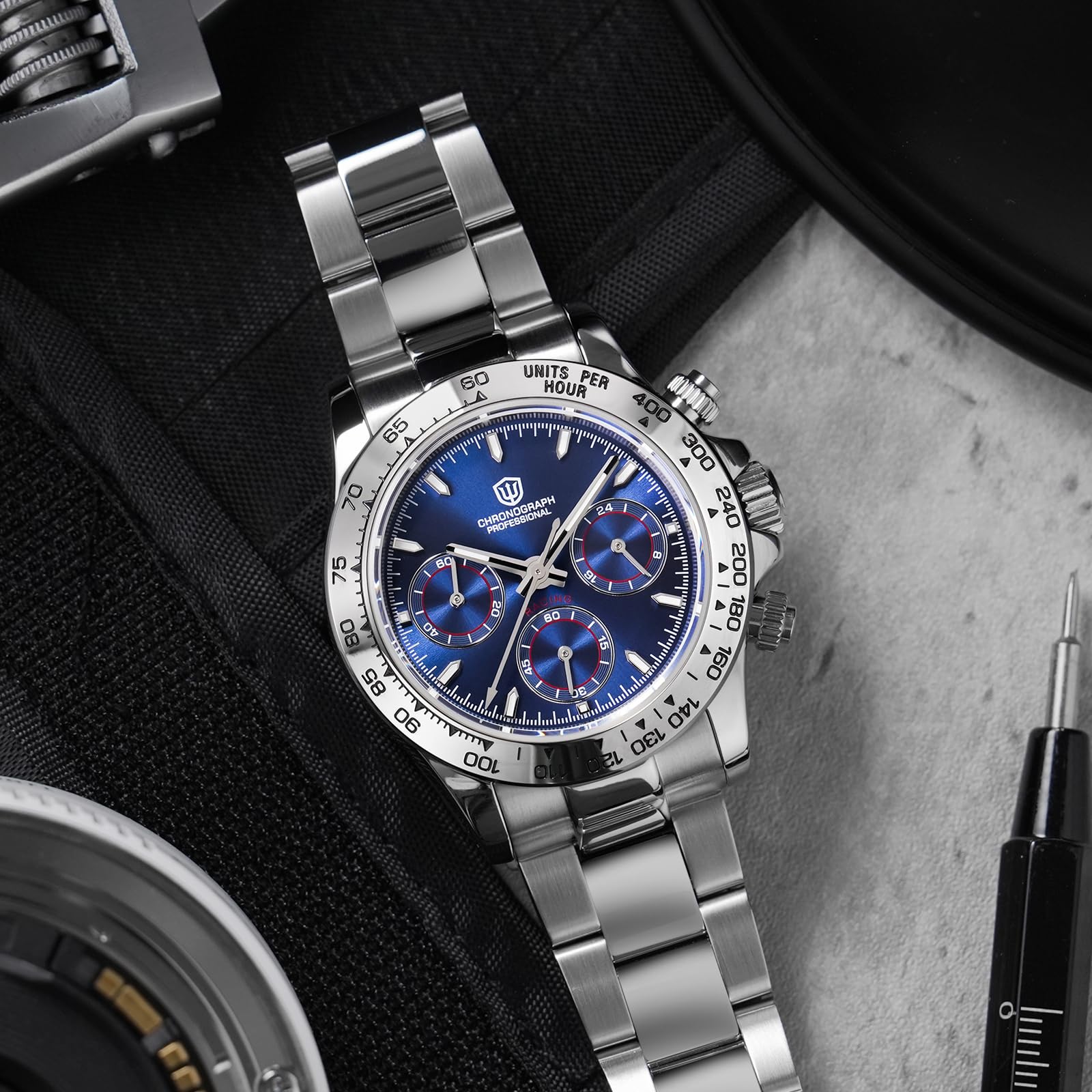 watchdives Chronograph Armbanduhr, WD16500 V2 Quarz Herrenuhren Japan VK63 Meca-Quartz Uhrwerk 38mm Saphirglas Armbanduhr 100M wasserdichte Sportuhr, Edelstahl Armband