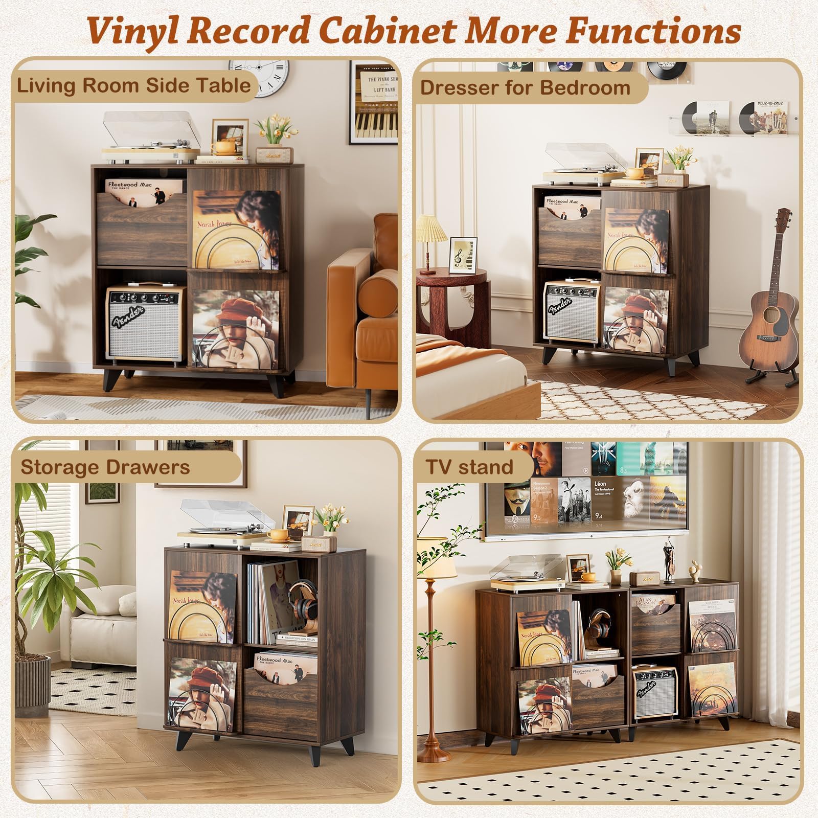 Bikoney Schallplatten Aufbewahrung mit Vinyl Display und 2 Schubladen – Holz Schallplattenständer Tisch und TV Schrank für Alle Plattenspieler und Lautsprecher, Plattenspieler Regal für Wohnzimmer
