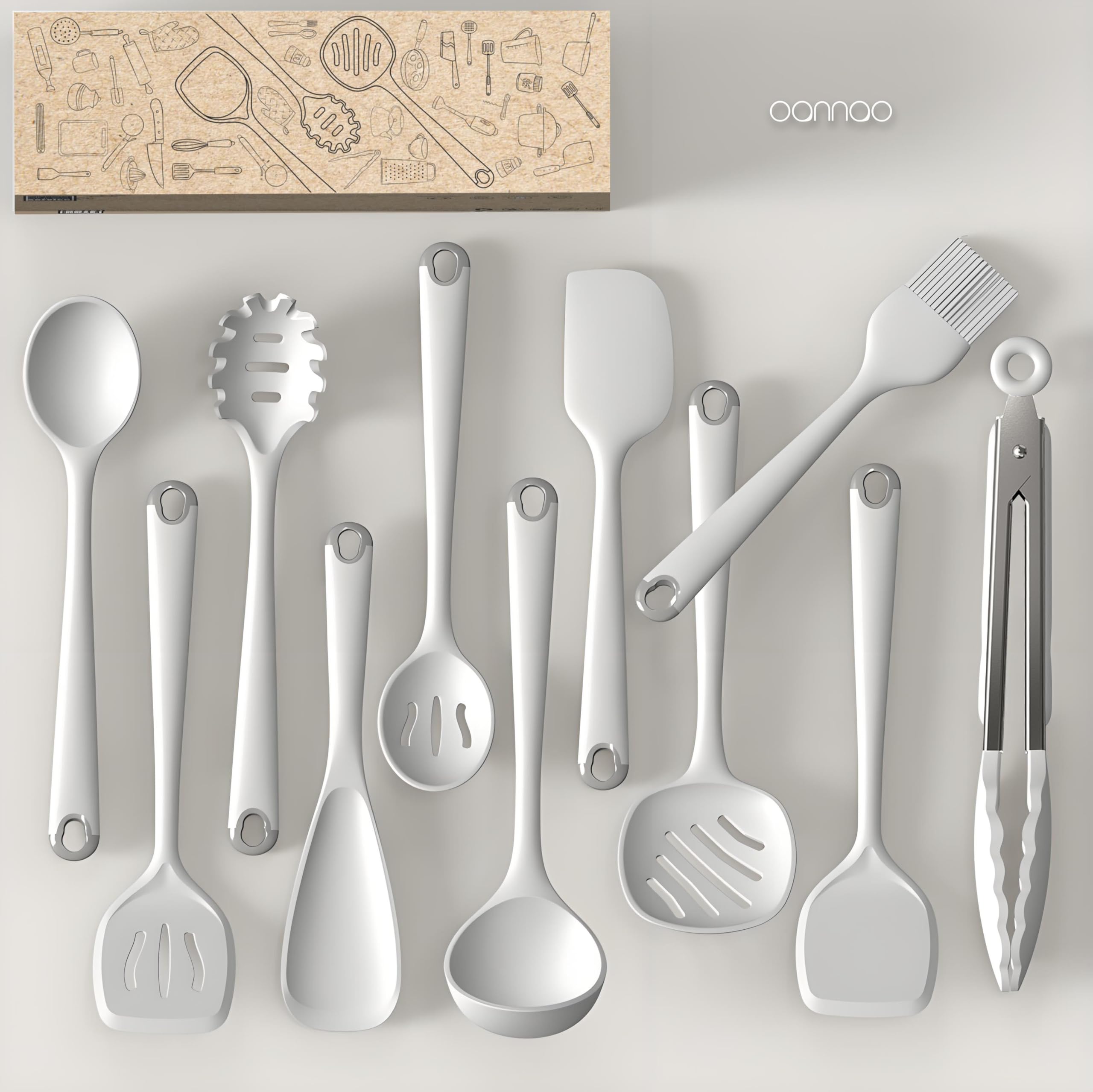 Set di utensili da cucina in silicone, resistenti al calore, spatola, cucchiaio, frusta, pinze, utensili da cucina per pentole antiaderenti, lavabili in lavastoviglie, senza BPA (bianco crema)