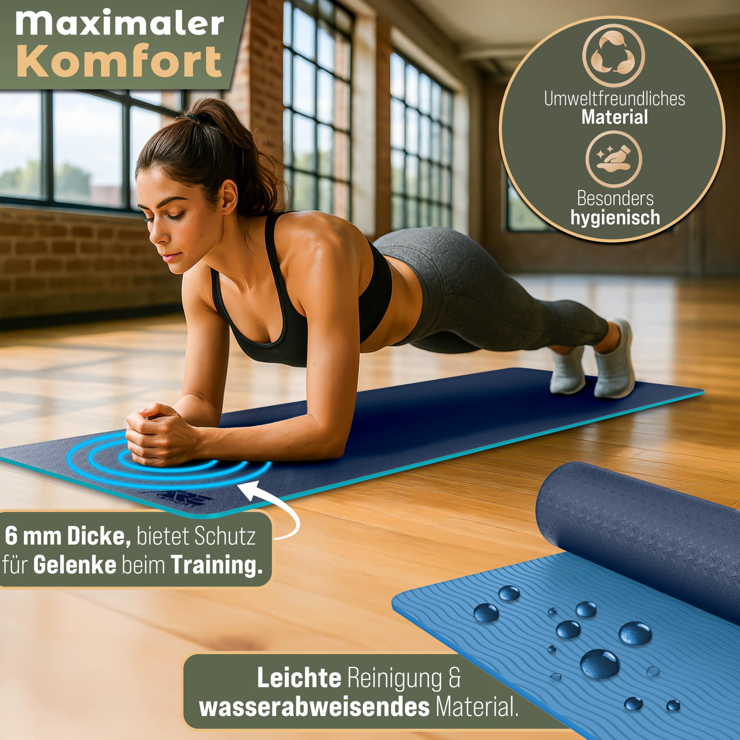 RE:SPORT Yogamatte Phthalatfrei | Gymnastikmatte rutschfest | Fitnessmatte schadstofffrei | Trainingsmatte mit Tragegurt Phthalatfrei 183 x 61 x 0,6 cm