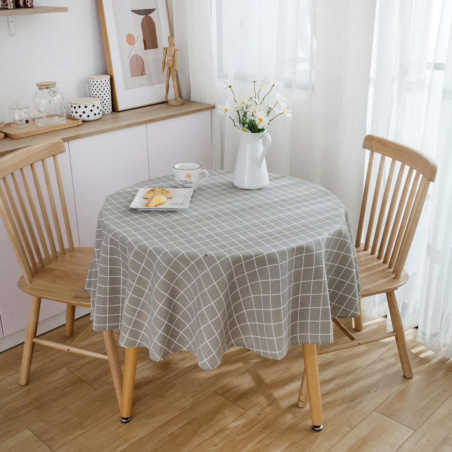 Nappe ronde japonaise tissu coton et lin à carreaux gris pour petite table