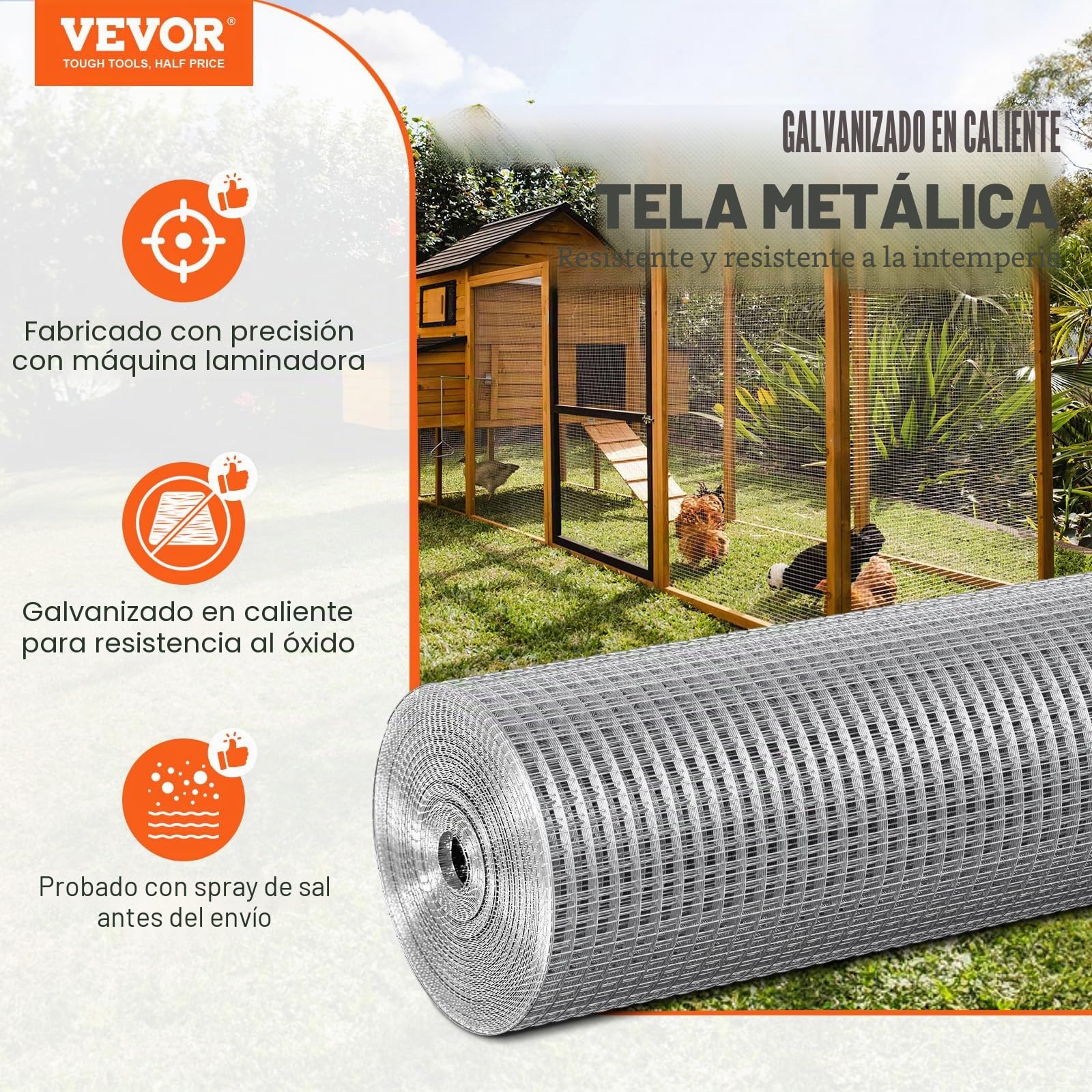 VEVOR Malla de Alambre Soldada 1220mm x 15,24m Rollo de Malla de Alambre Galvanizado en Caliente 12,7x12,7 mm Valla de Alambre de Gallinero Calibre 19 para Jaulas de Conejos, Jardín, Roedores Pequeños