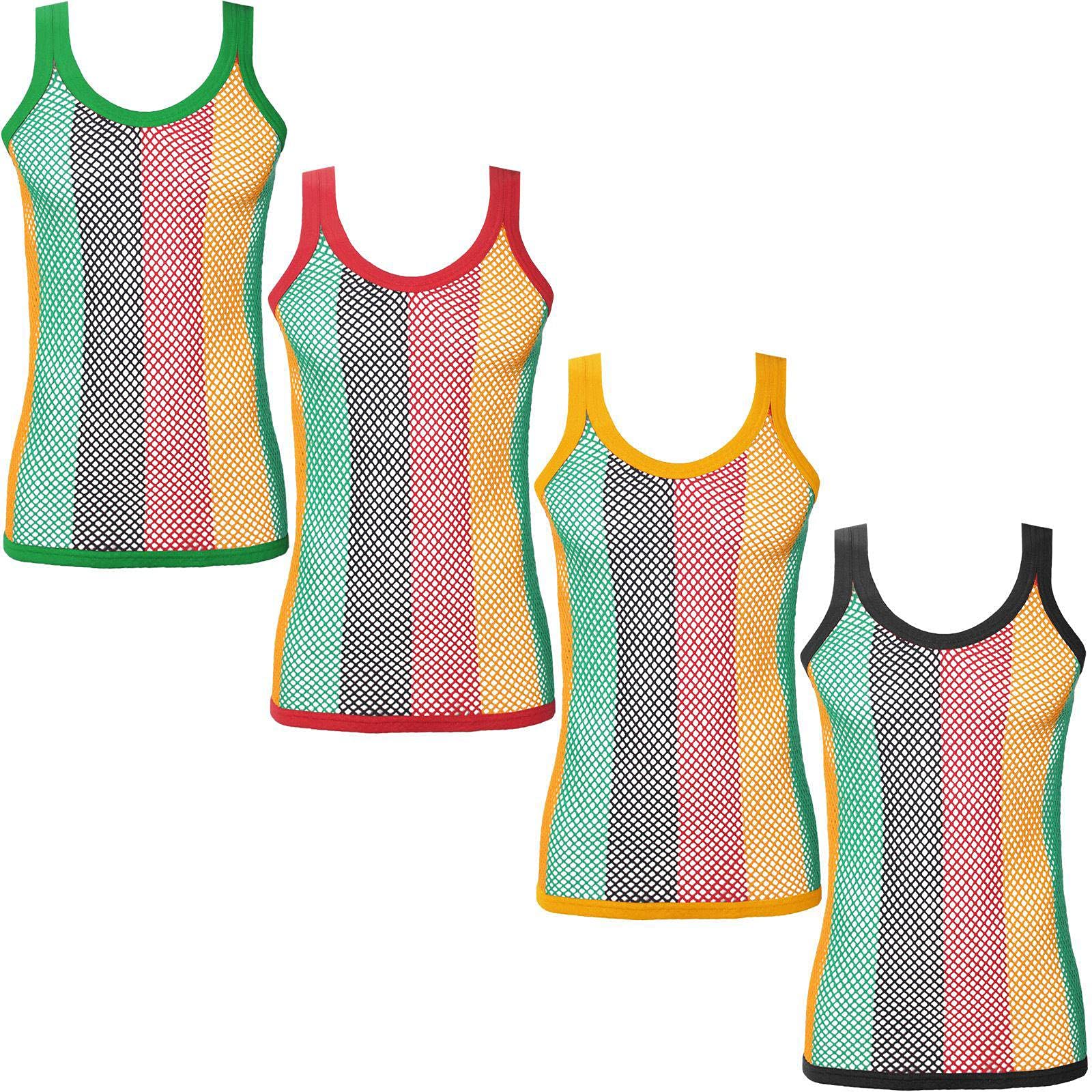 Mens String MESH Vest Fishnet Cotton Gym Muscle Training Tank Rasta Tops Shirt[Assorted Rasta,XL]