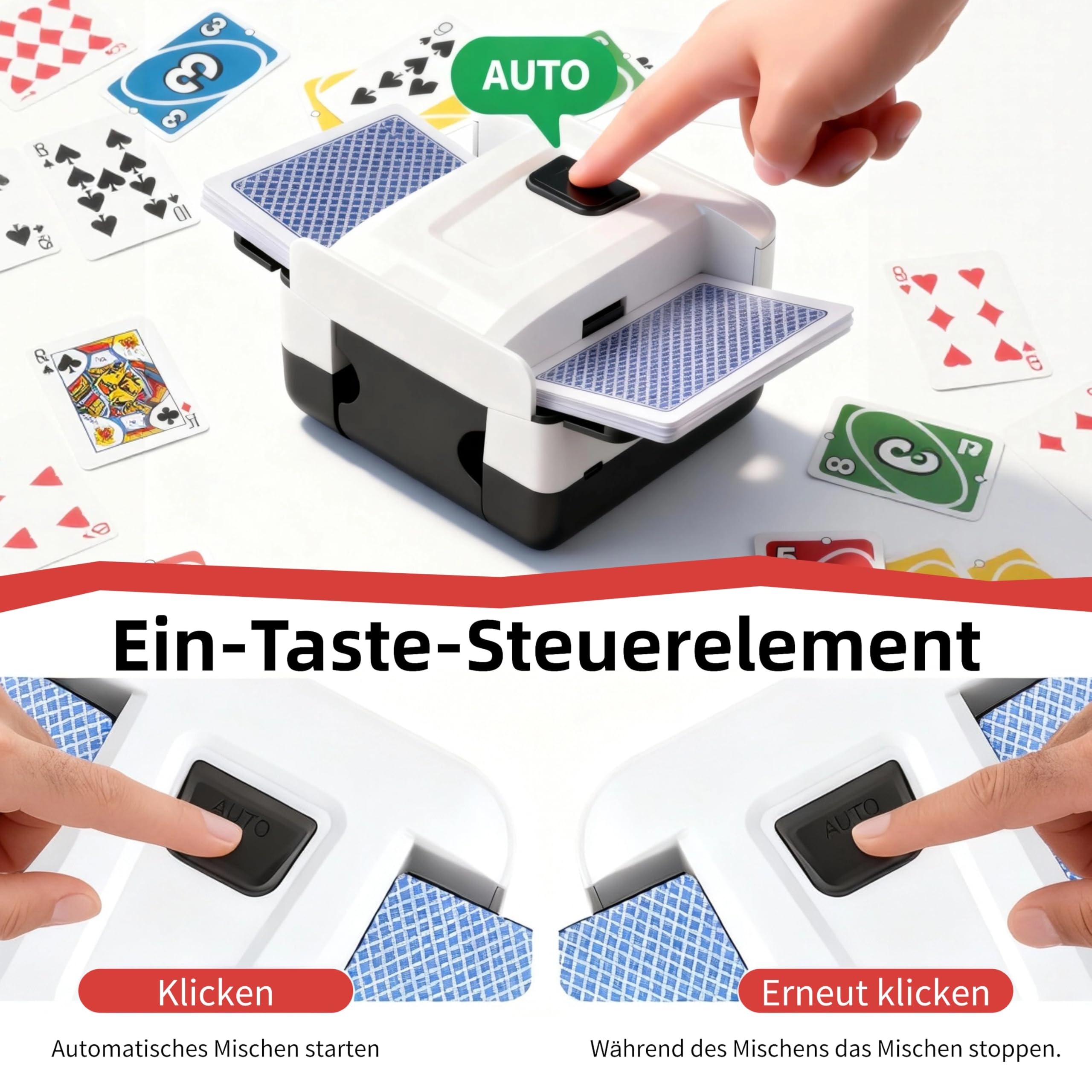 Kartenmischmaschine Elektrische - Automatischer Mischmaschine Karten, Kartenmischgerät für 1-2 Decks Poker Gleichmäßig & Nicht Eingeklemmt,Card Shuffler für UNO,Romme