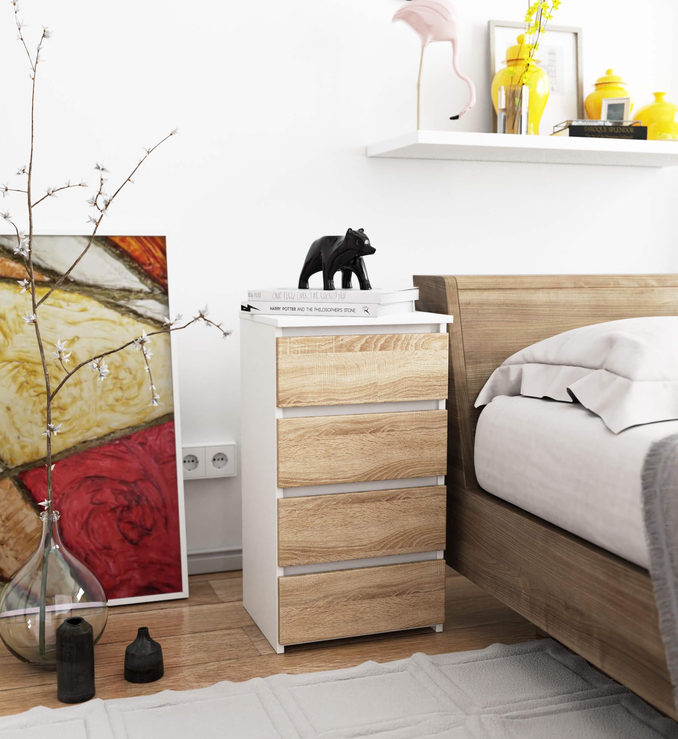 Commode avec 4 tiroirs - Commode à 4 tiroirs - Pour chambre à coucher, couloir, salon - Organiseur avec tiroirs - Largeur : 40 cm - Hauteur : 74 cm - Blanc - Chêne Sonoma - Buffet haut - Armoire