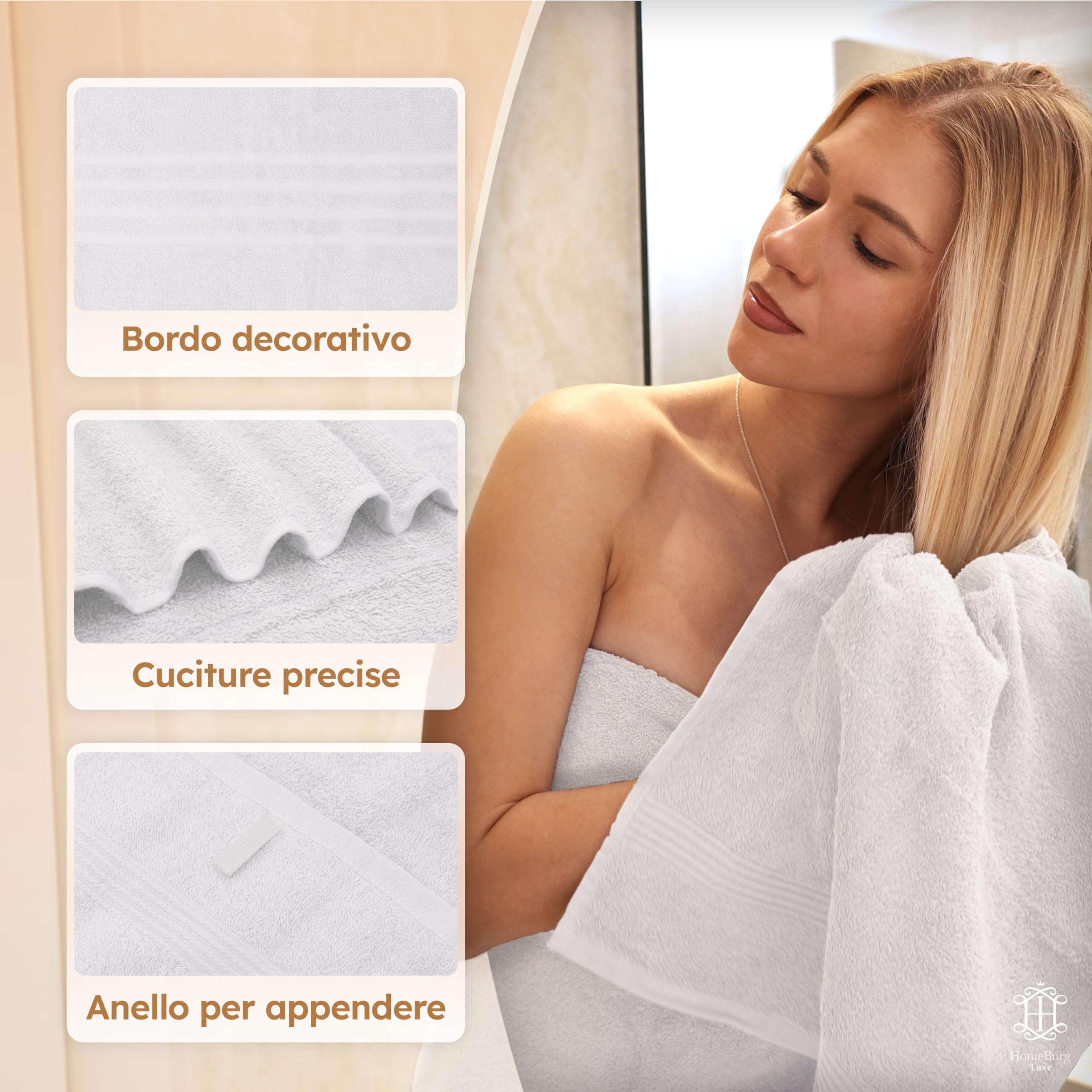 Luxe Set asciugamani 8 pezzi: salviette (30×30 cm), asciugamani (40×70 cm) & teli bagno (65×137 cm) – 100% cotone, morbidi, assorbenti, Bianco