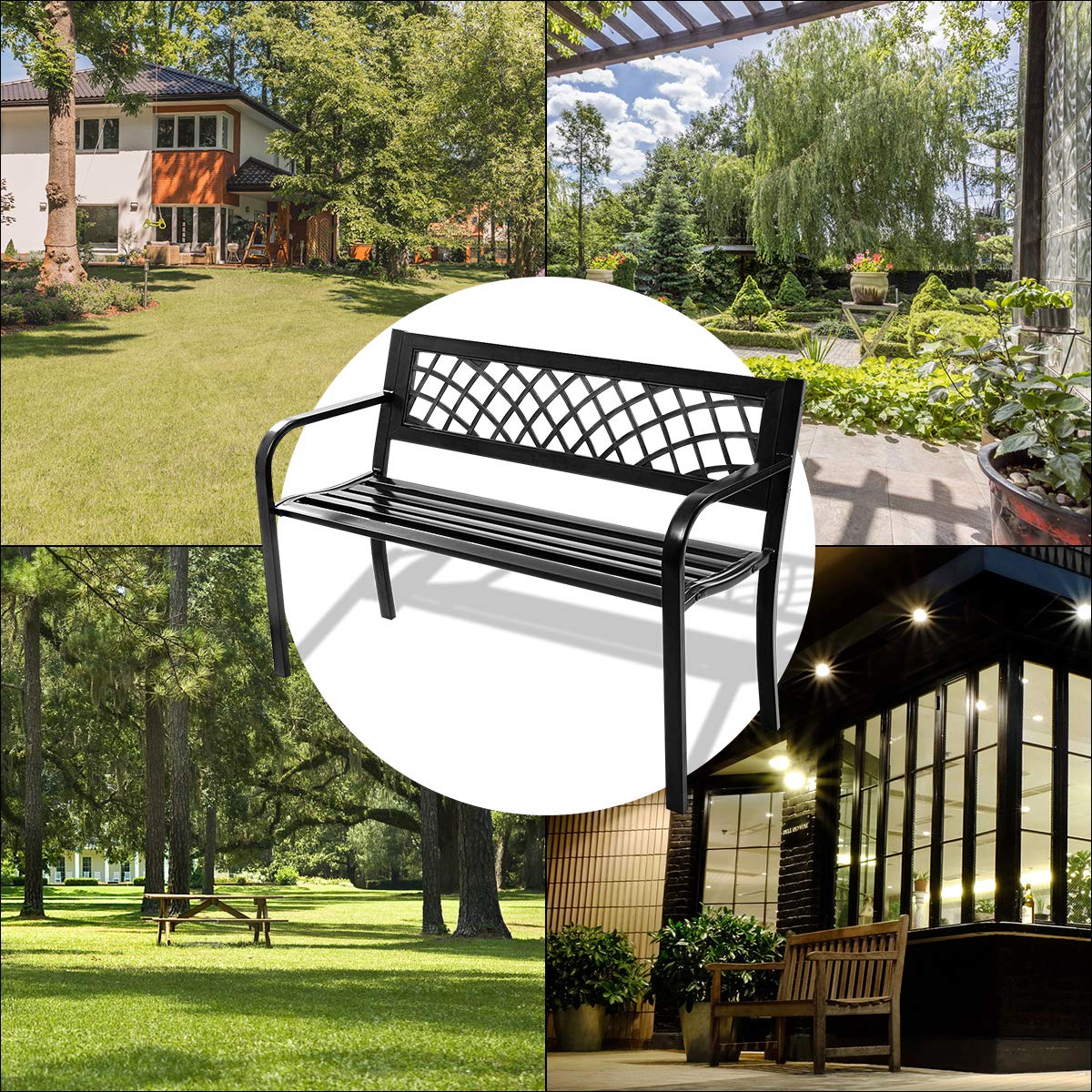 Costway Garden Bench 2-Seater Outdoor Bench Chair Garden Chair Patio Furniture Balcony Backyard Black