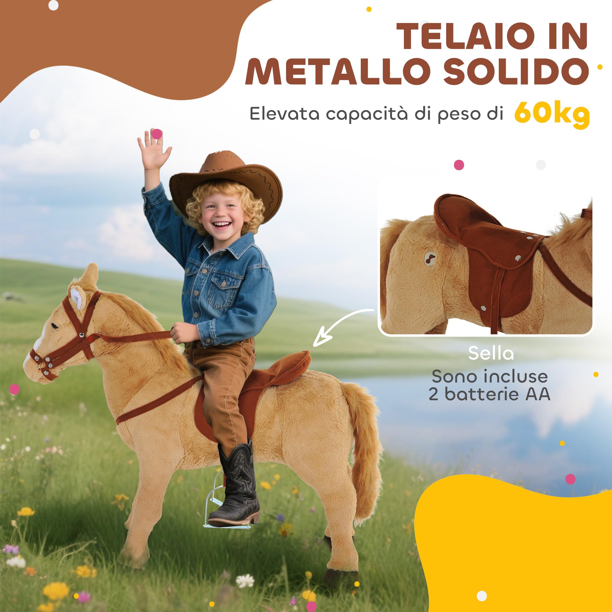 HOMCOM Cavallo Giocattolo con Sella, Briglie e Poggiapiedi, Cavallo Cavalcabile in Peluche, Metallo e Cotone PP, 85x28x60 cm, Beige