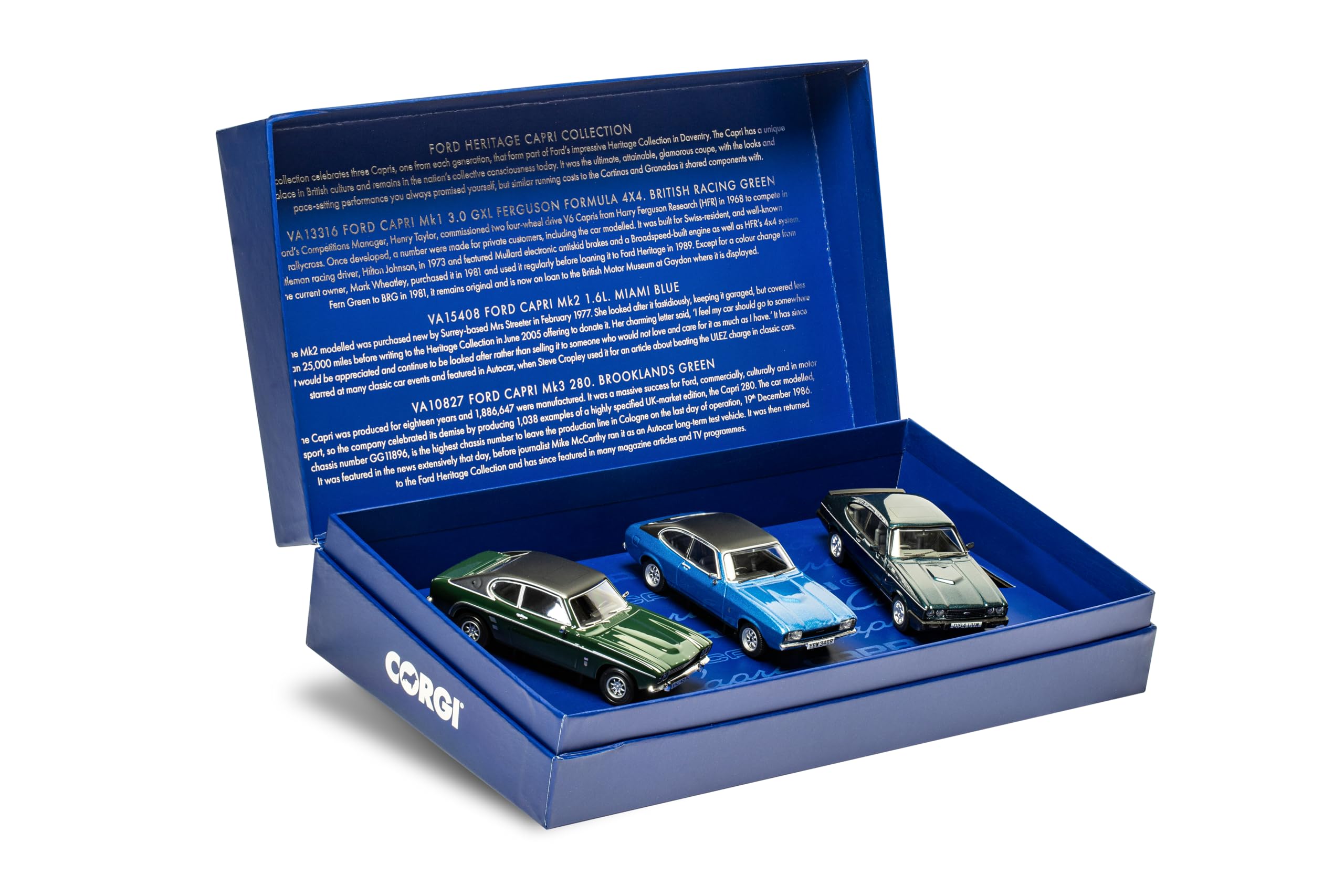 CORGI 1/43 SET OF 3 FORD CAPRI MK1 3.0 GXL MK2 1.6L MK3 280 BROOKLANDS VC01303