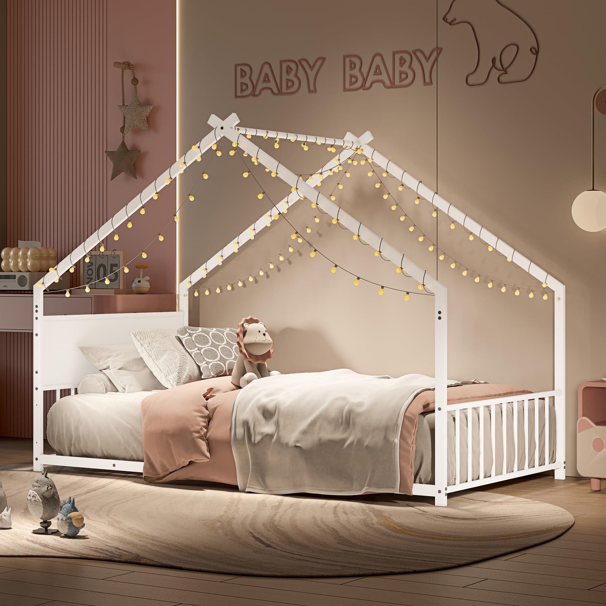 Bellemave Twin Size Montessori Floor Bed with RGB LED Light, Twin Size House Floor Bed with High Headboard and Footboard(Twin White)